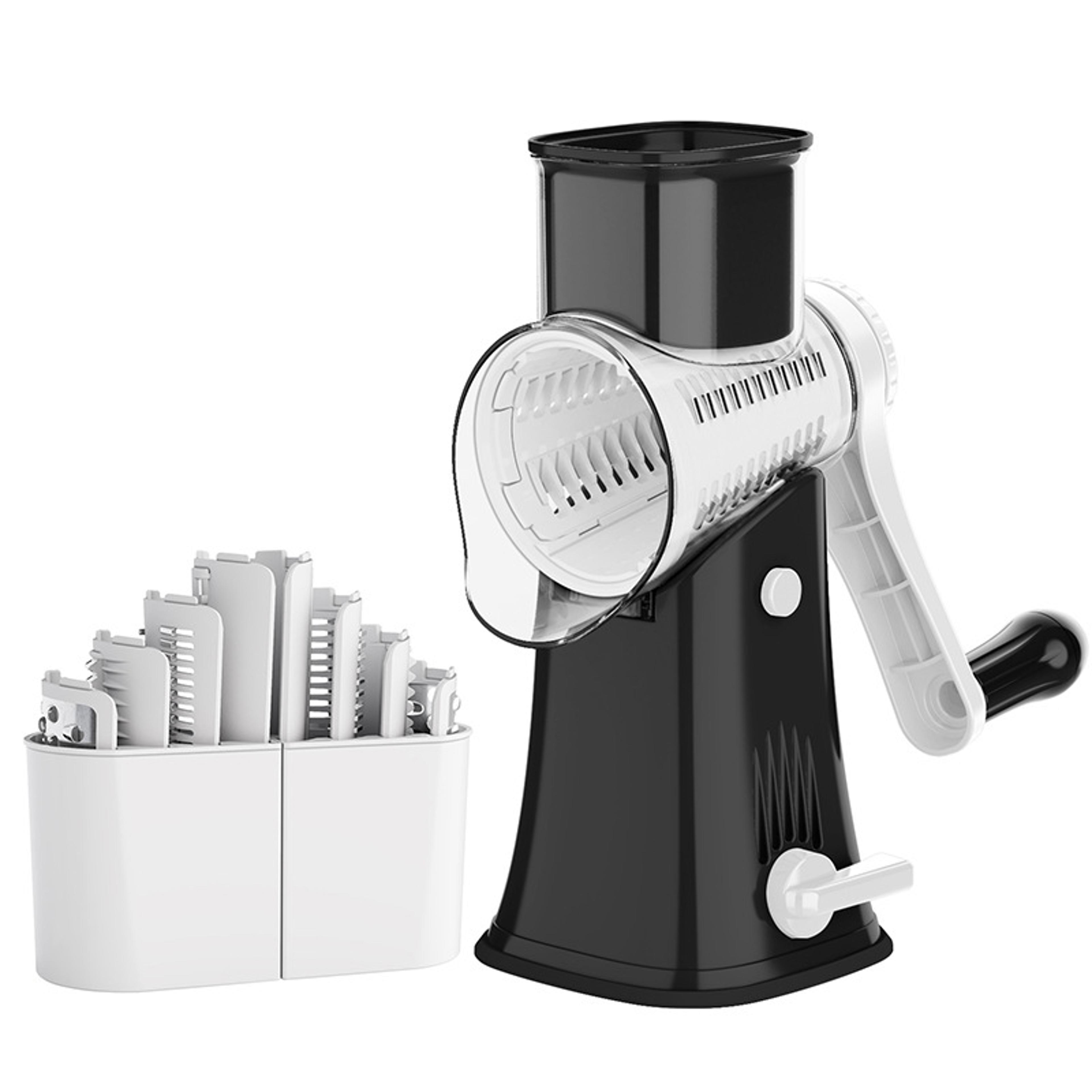 rotary cheese grater and vegetable mandoline slicer with julienne cutter and nut chopper
