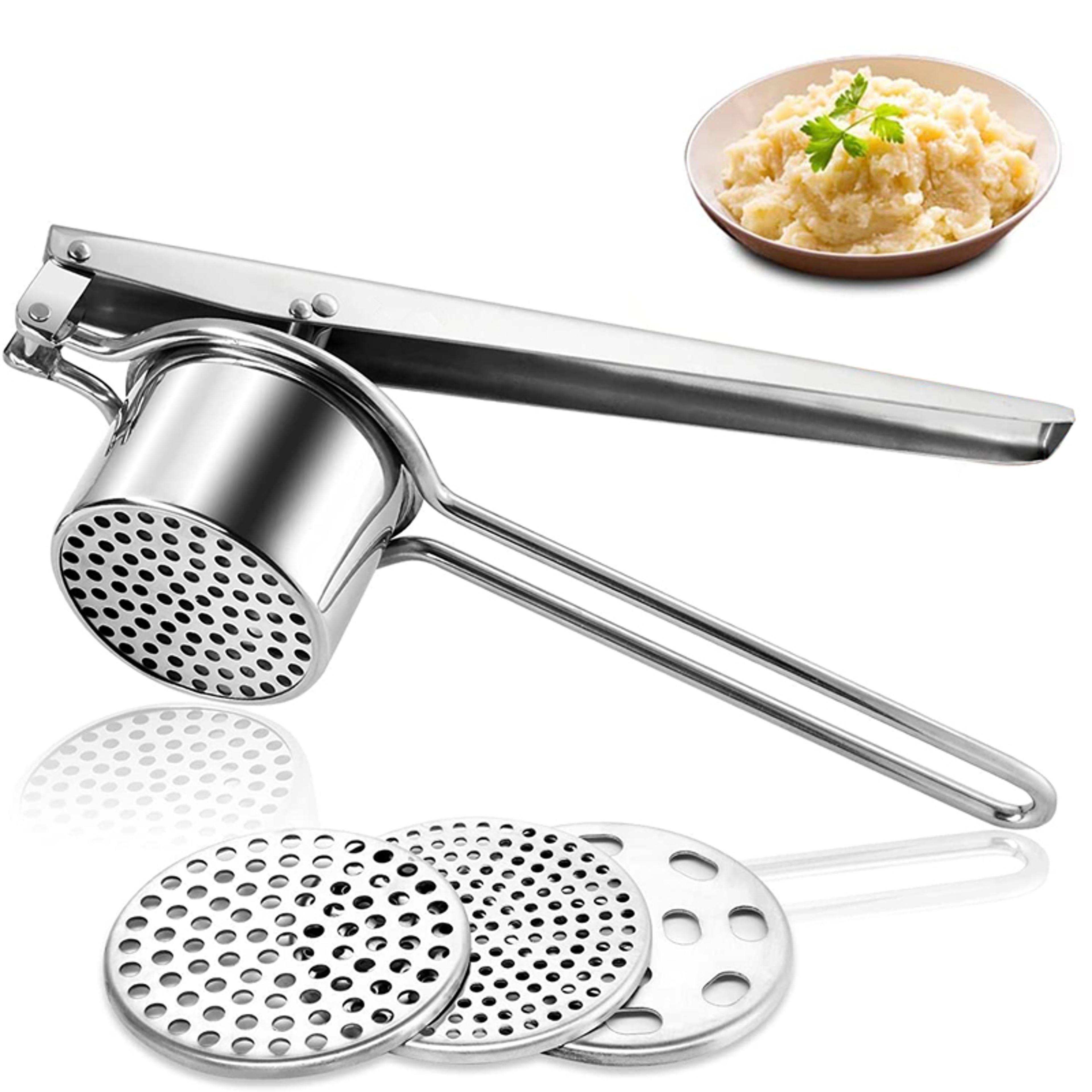 stainless steel potato ricer manual masher with interchangeable discs & fruit juicer