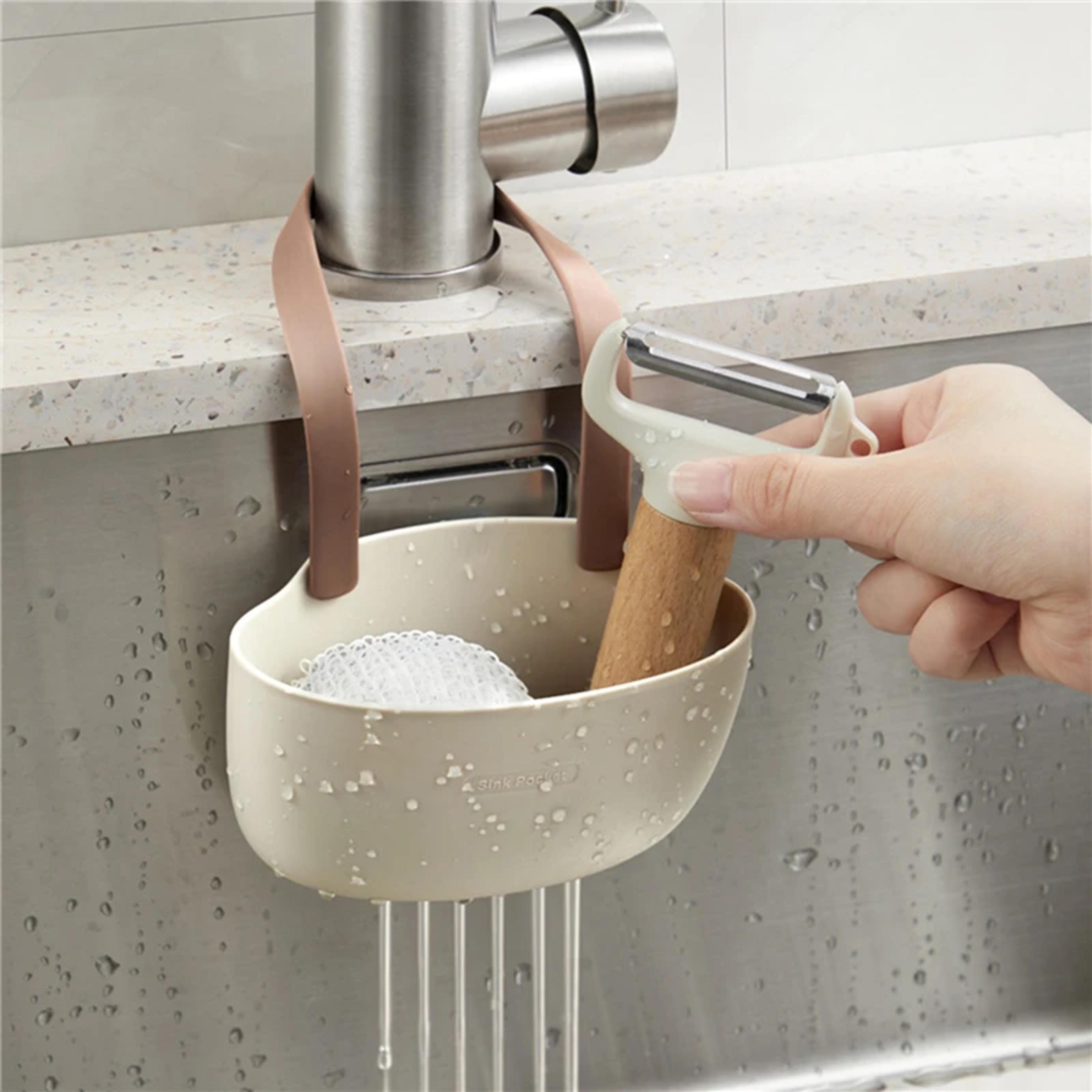 adjustable kitchen sink holder - hanging drain basket for soap, sponge & faucet | kitchen accessories
