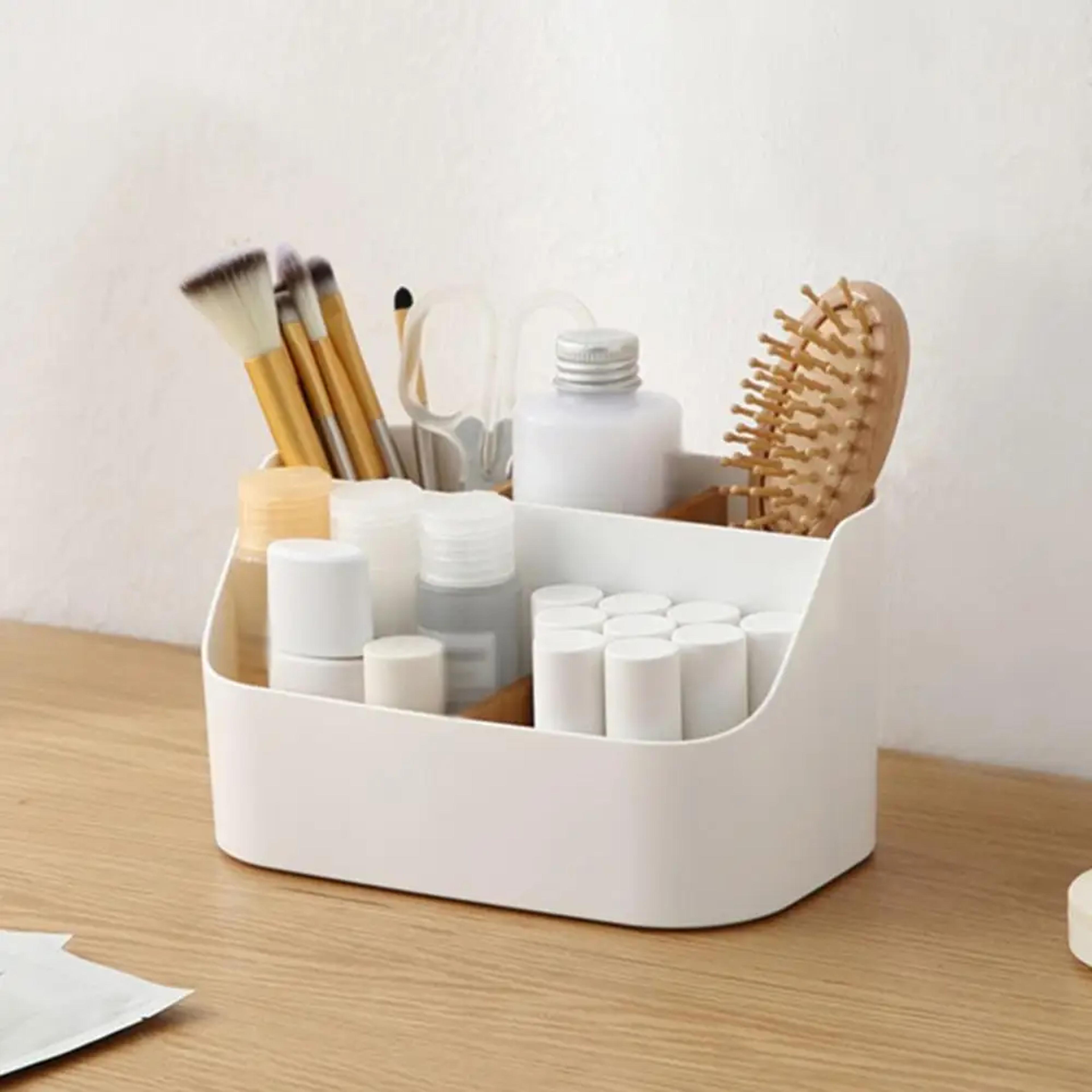 desk storage box organizer – plastic office supplies & makeup organizer with dividers for home & office