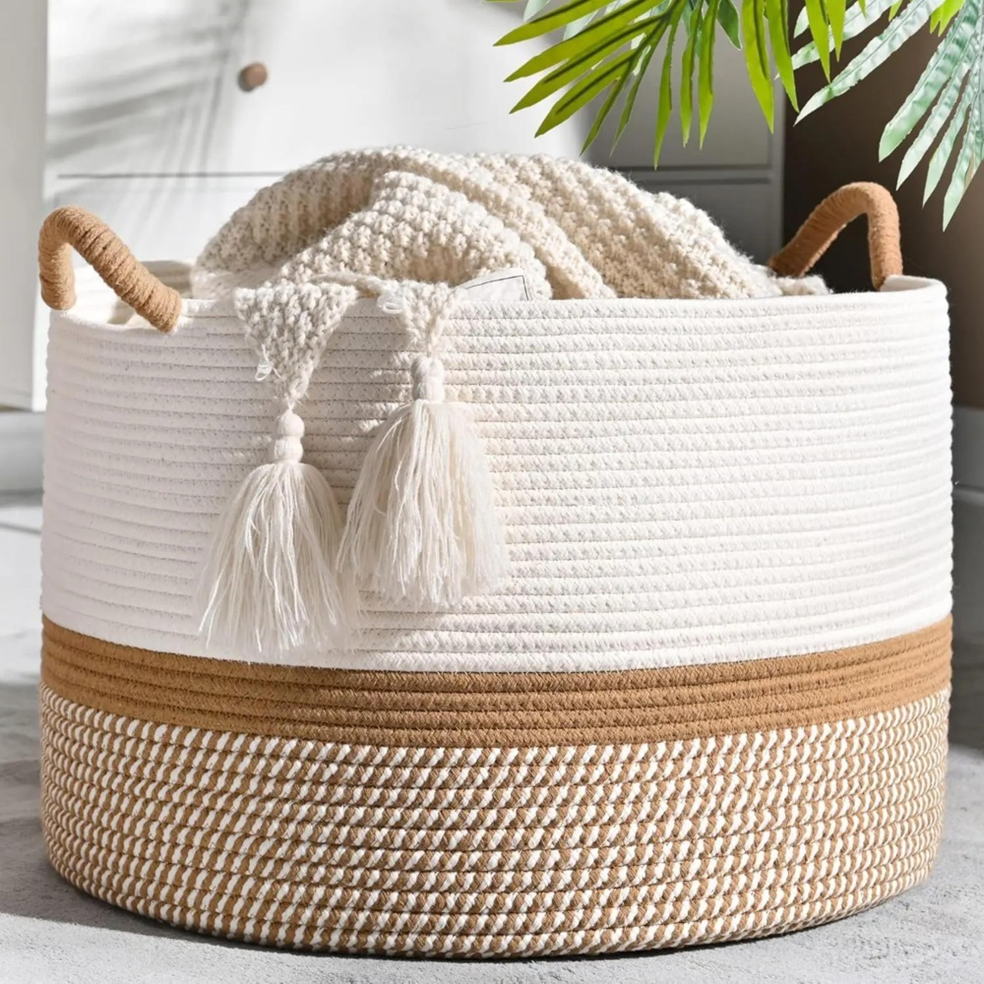 cotton rope storage basket for blankets, baby laundry hamper, and living room organization