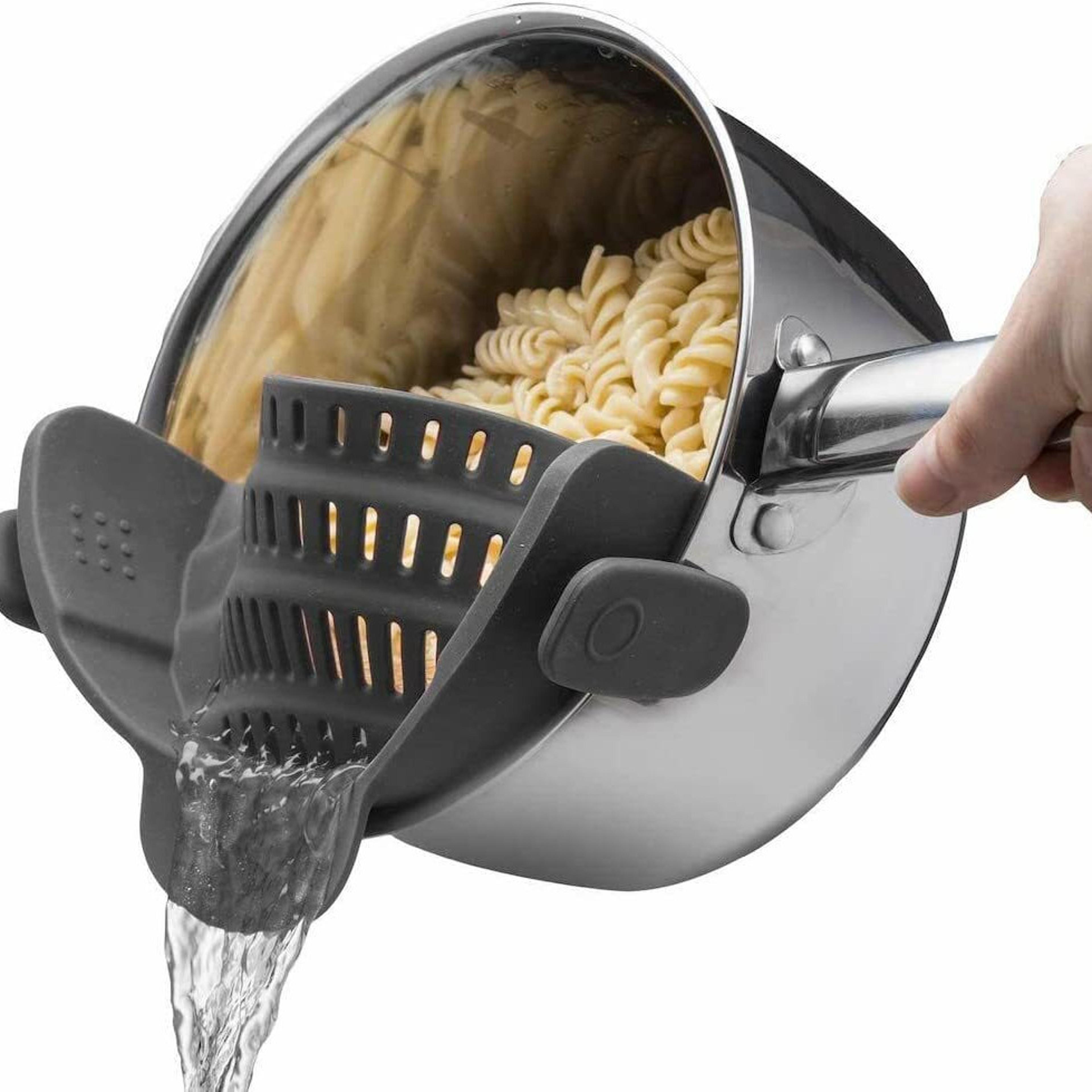 adjustable silicone clip-on strainer for pots, pans, and bowls - handheld drainer for noodles and pasta