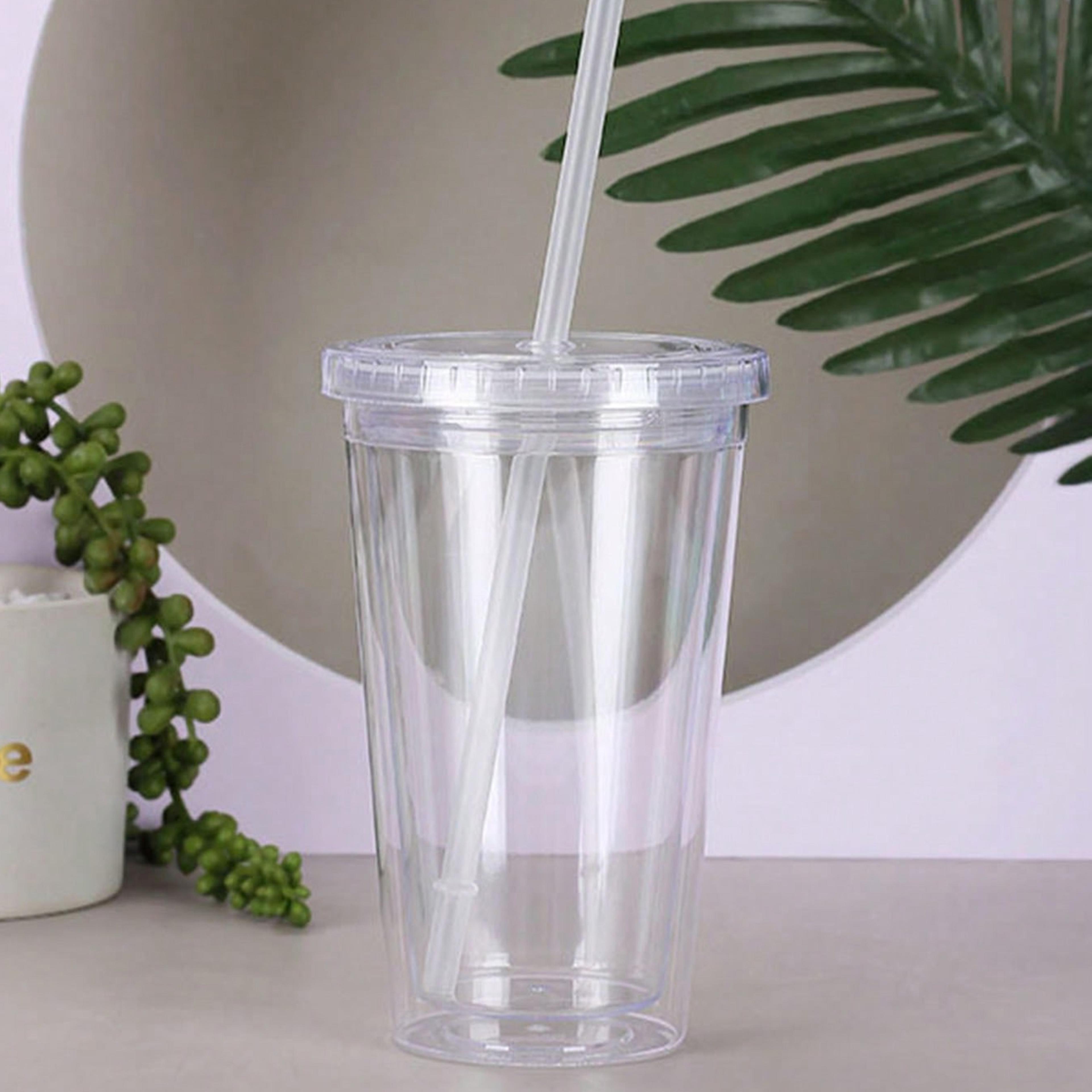 Reusable DoubleLayer Plastic Transparent Drinking Cup With Lid And Straw  Outdoor Water Bottle For  4