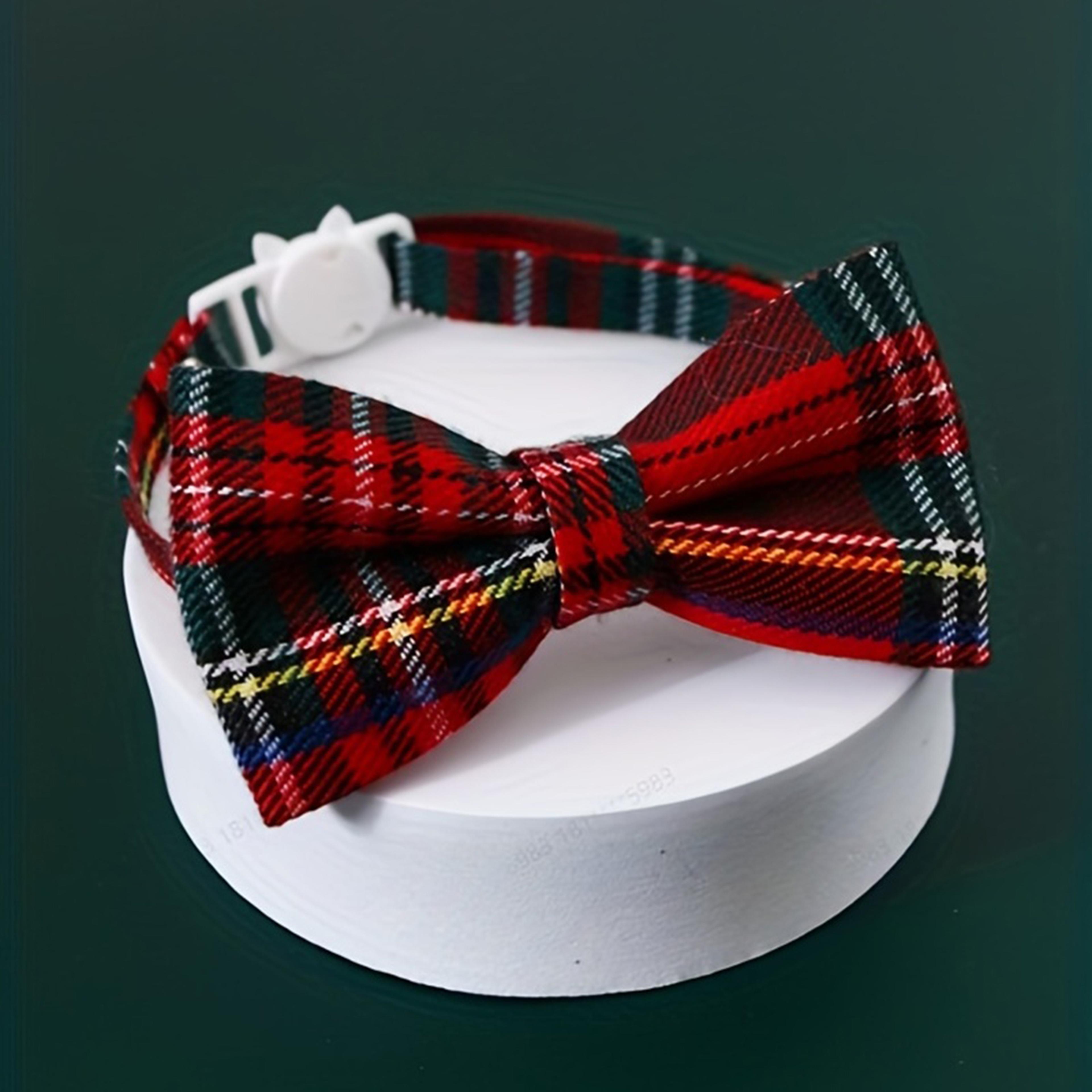 cute plaid christmas cat collar with bow tie and bell – adjustable elastic pet collar for dogs and cats