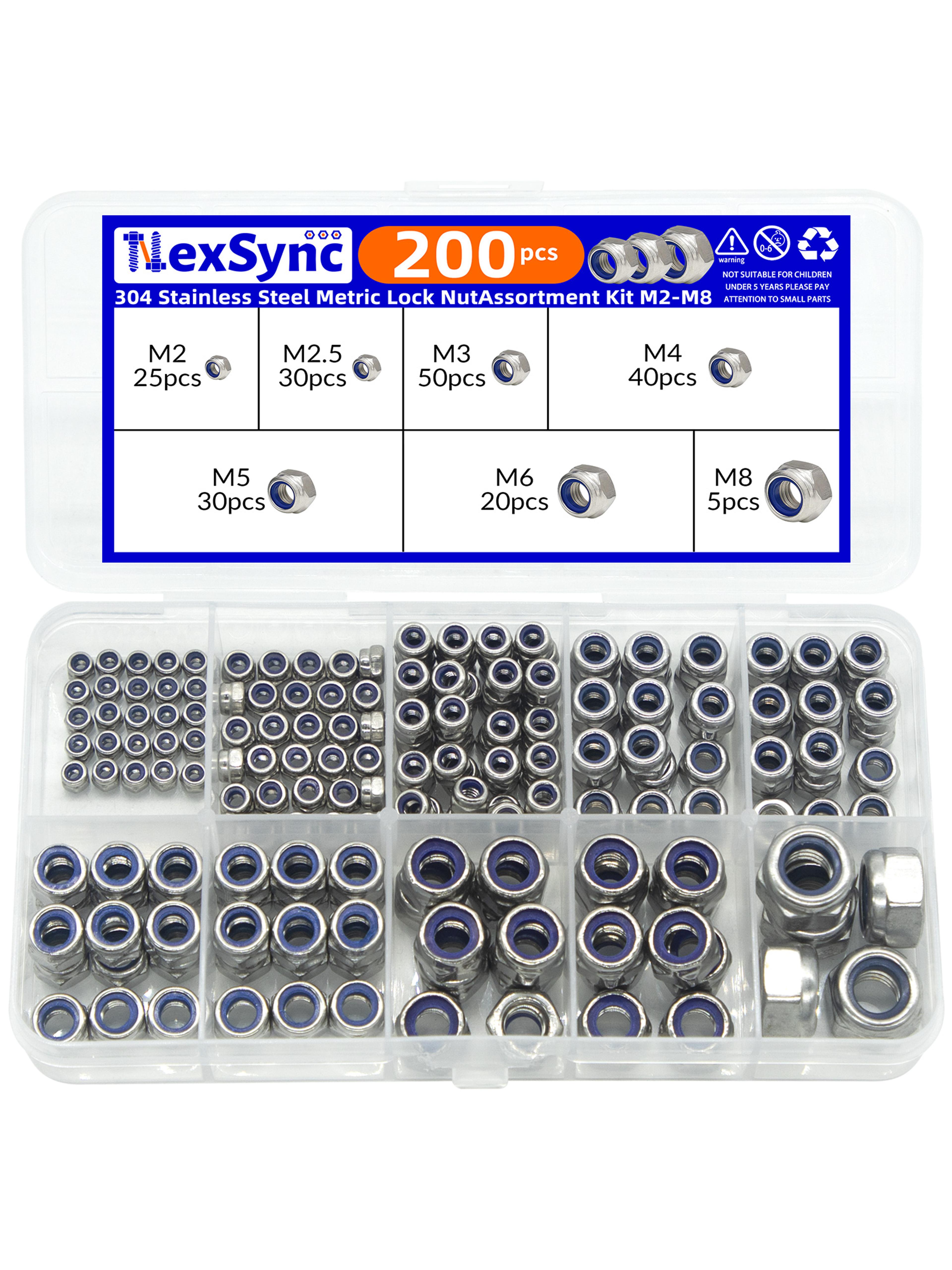 Hex Nylon Insert Self Lock Nut Assortment Kit Stainless Steel Durable Locknut Set 5