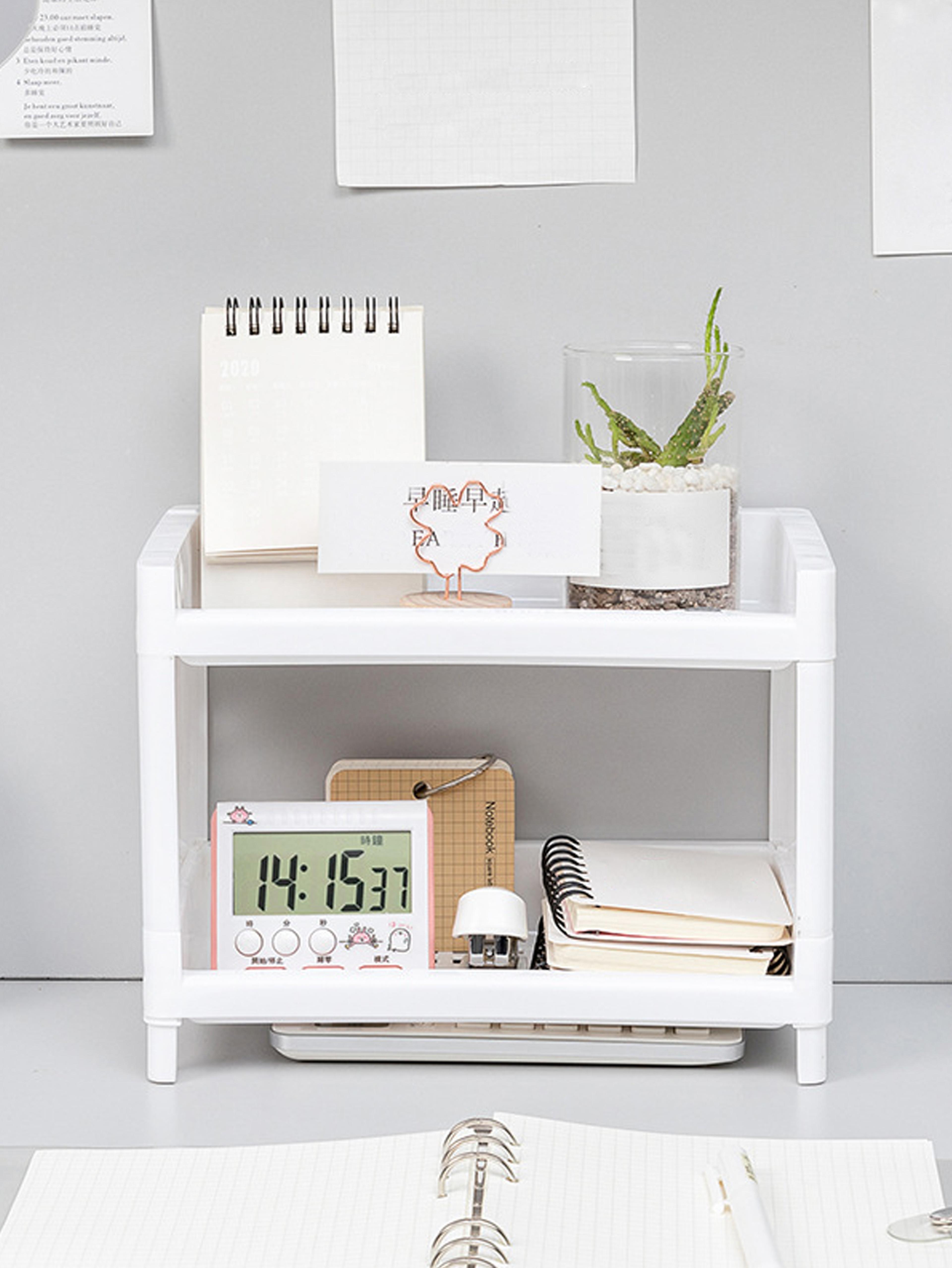 Desktop Double Layer Storage Rack White Organizer For Office Desk Cosmetics  Stationery 1