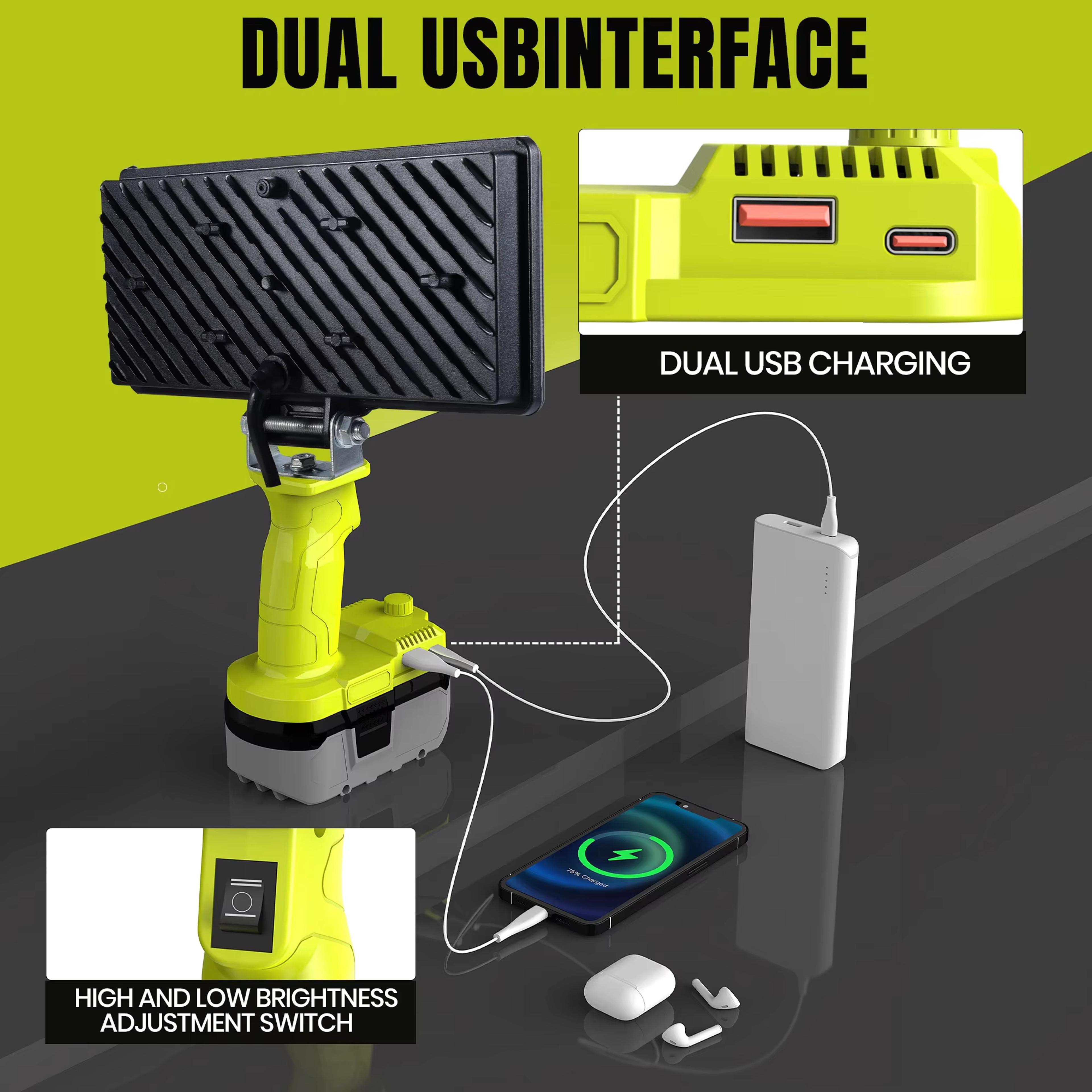Portable Outdoor LED Work Light  USB Power Bank For Ryobi Batteries 4