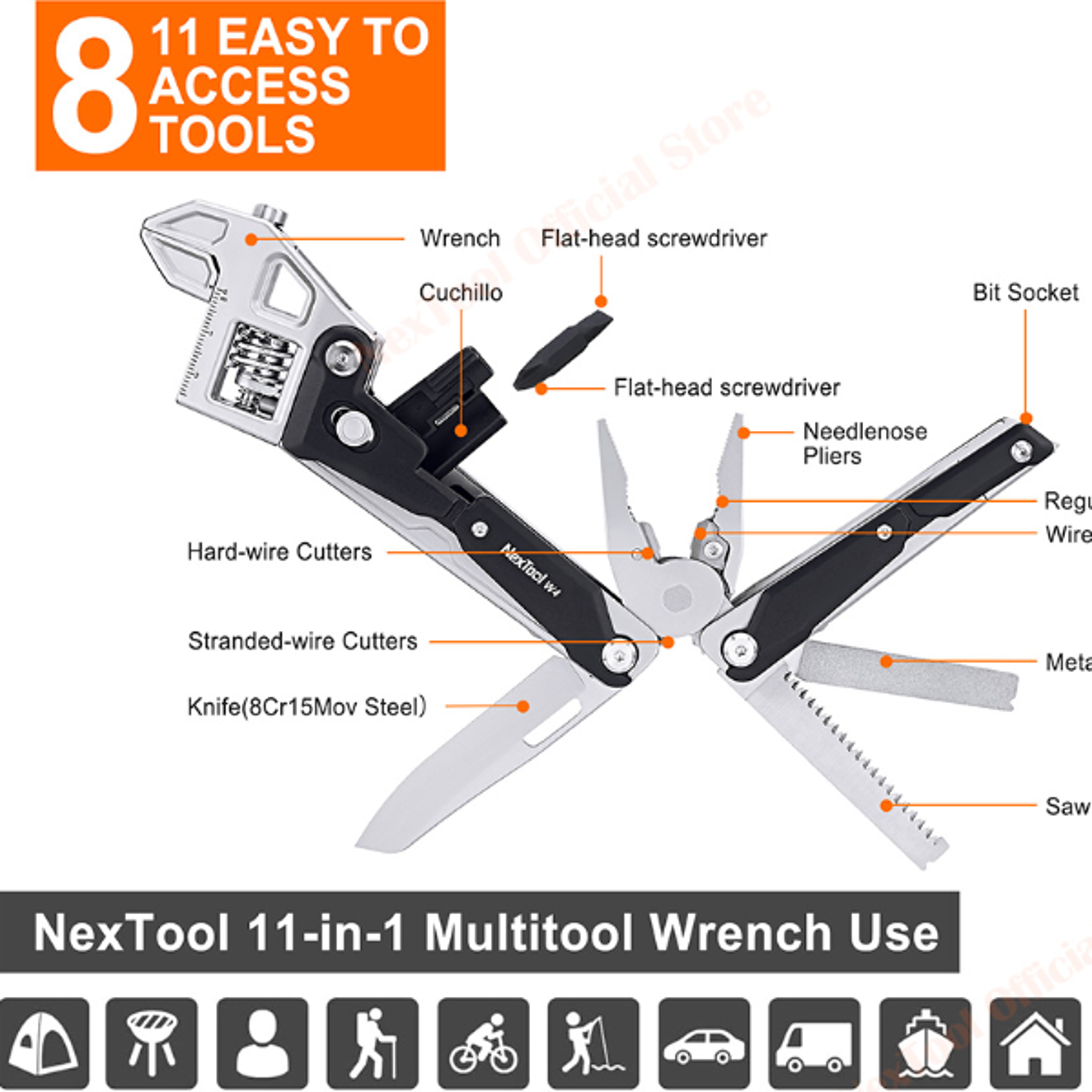 NexTool 11 In 1 Multitool Wrench W4 Adjustable Wrench Pliers Folding Knife Hand Tools Screwdriver Wo