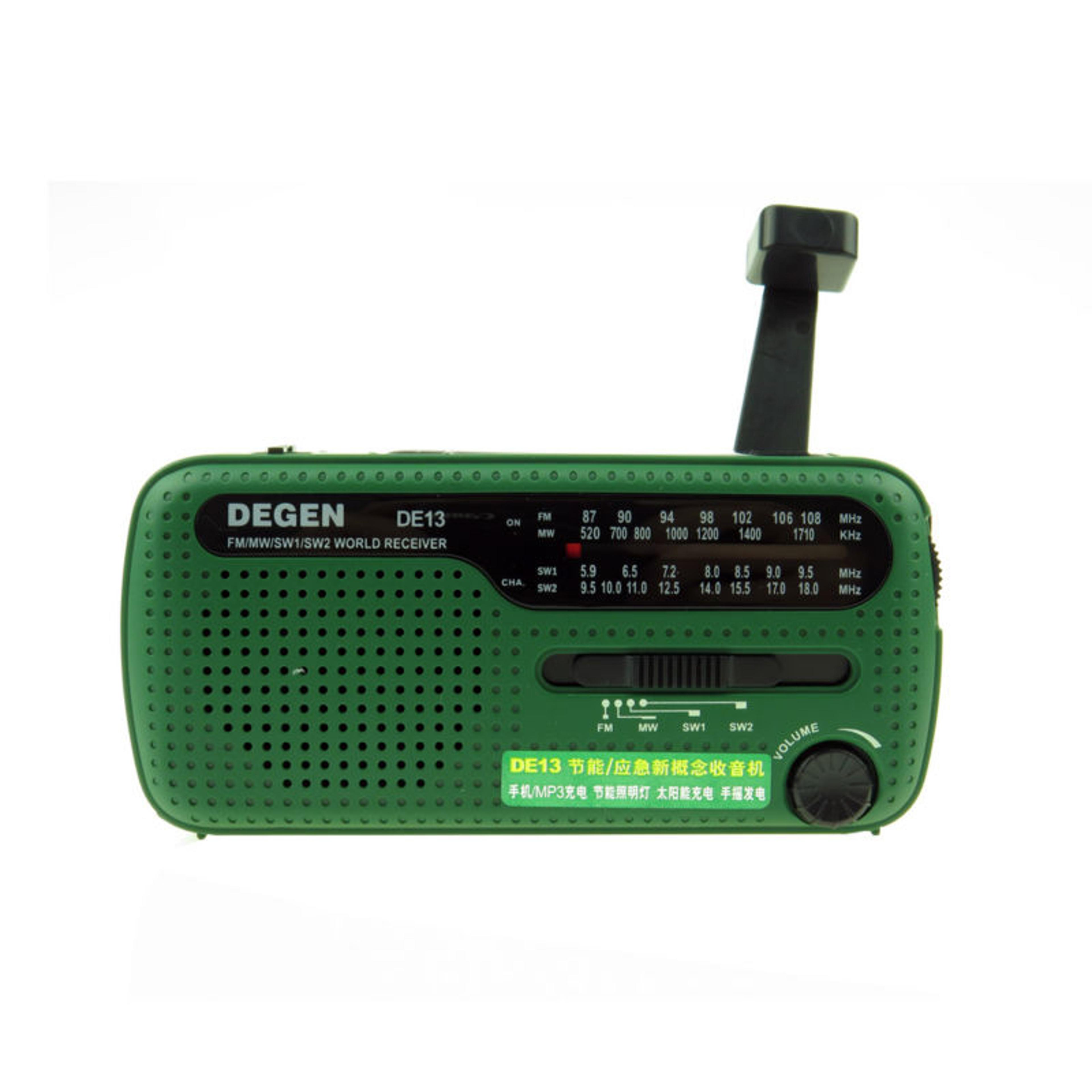 portable emergency radio with crank, flashlight, and usb charger