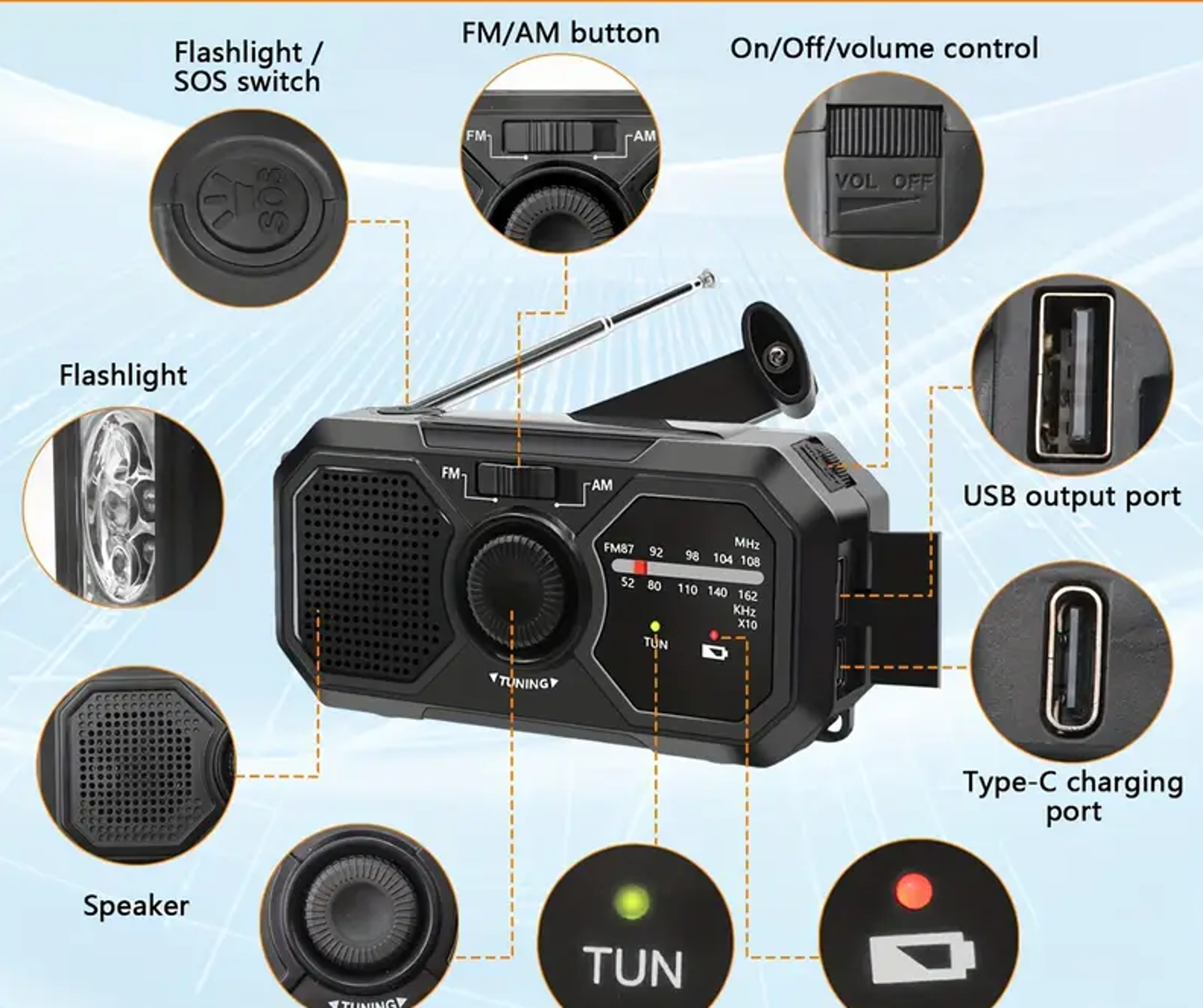Multifunctional Solar Hand Crank Dynamo Radio With Torch  SOS Alarm Outdoor Power Bank For Camping  6