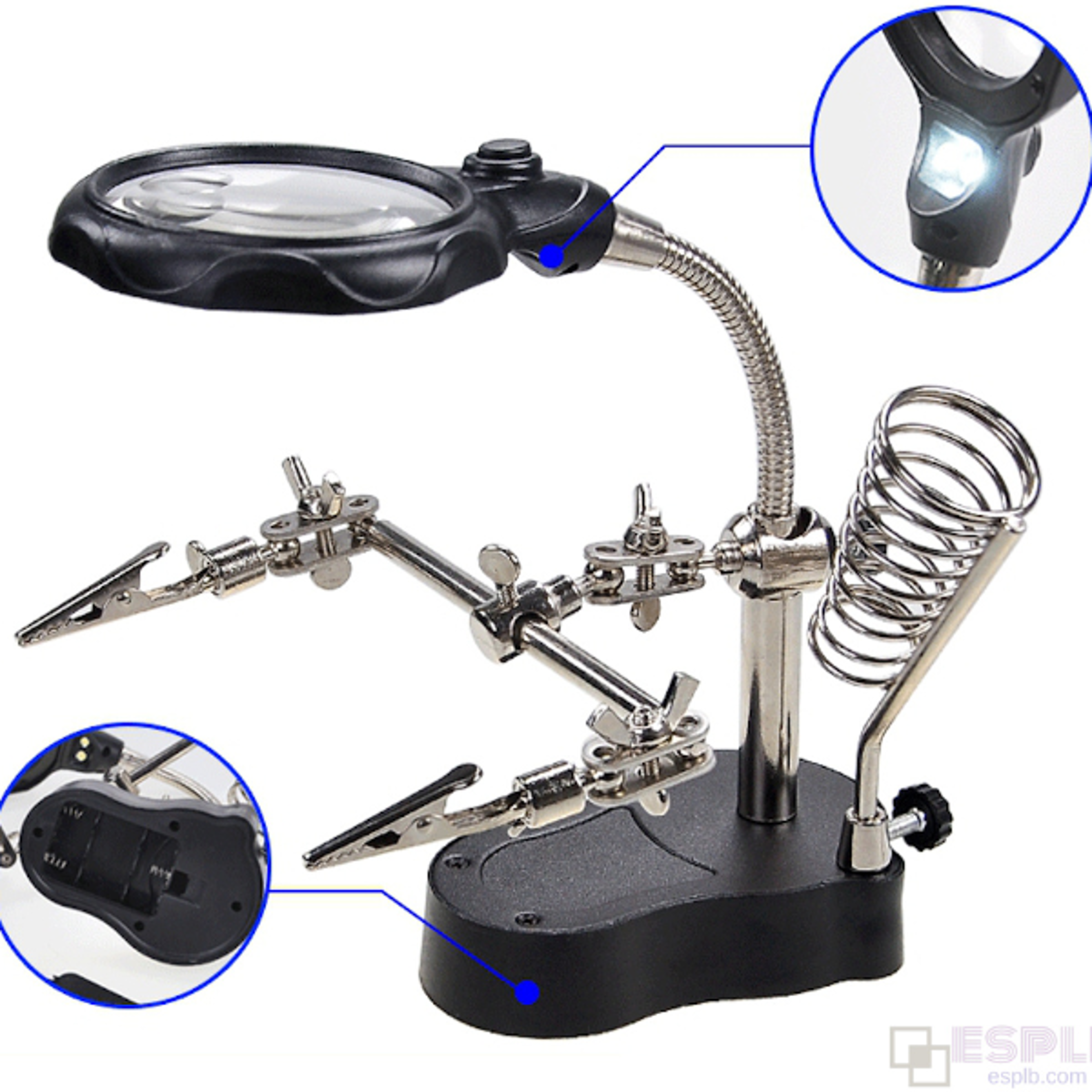 ESPLB 35X 12X Helping Hands Third Hand Soldering Iron Welding Stand Station with 2 LED Clip Welding