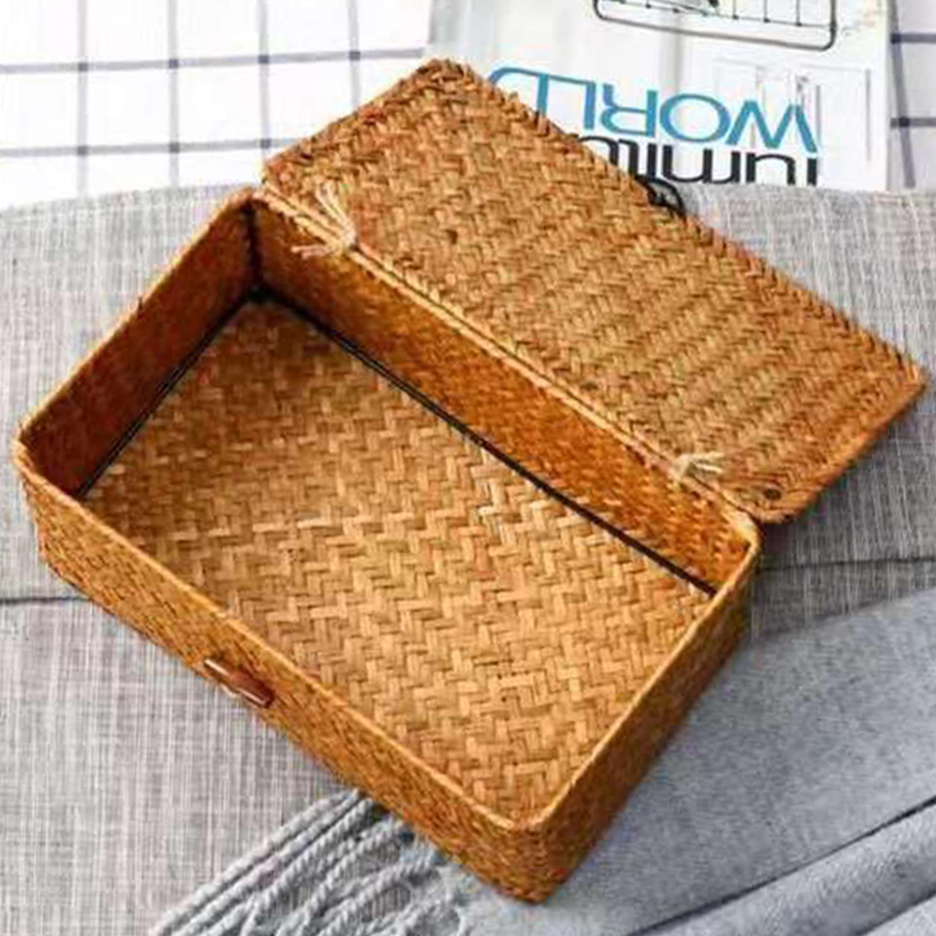 Large Capacity Hand Woven Straw Storage Box With Lid For Home  Office 5