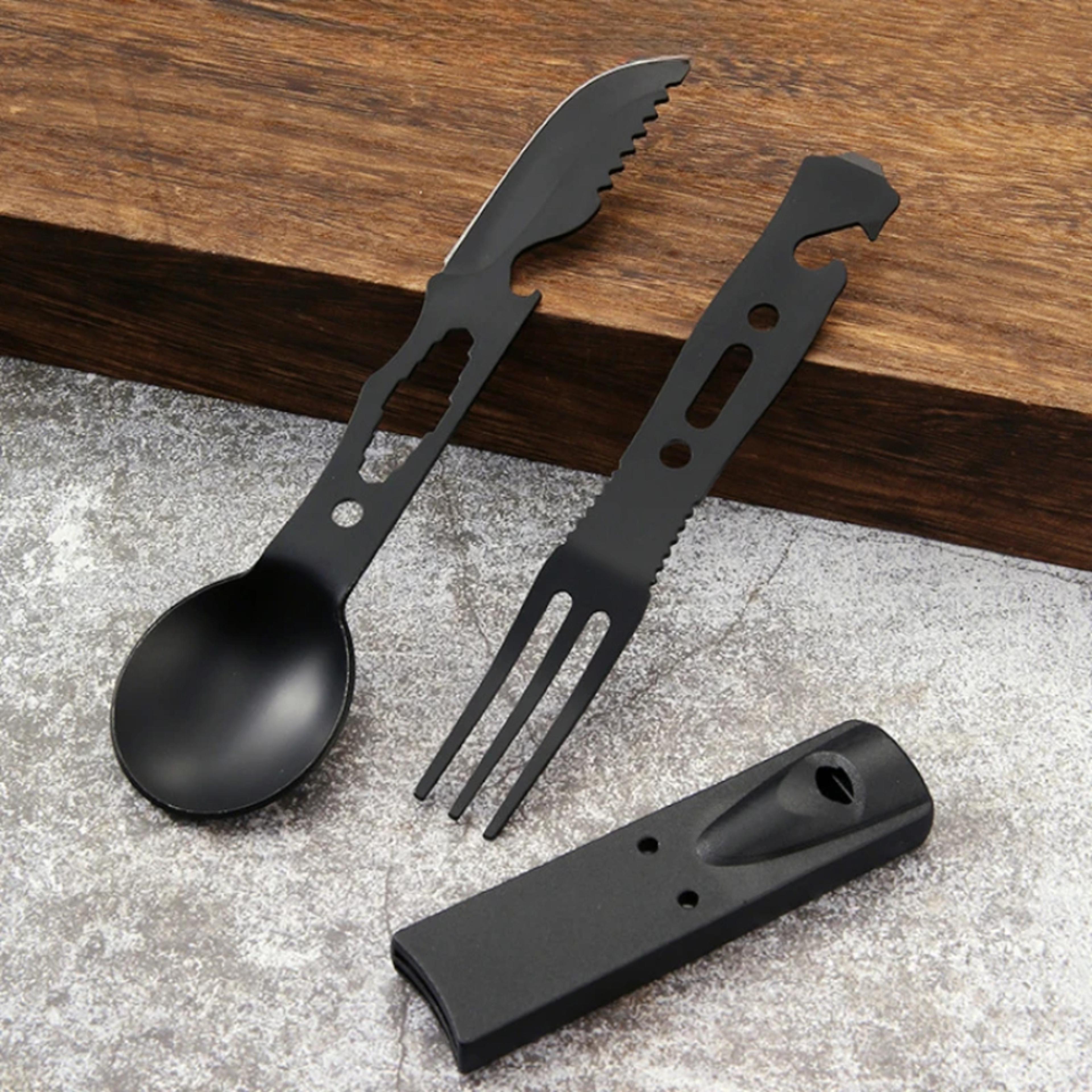 multifunctional stainless steel camping utensil set with whistle knife spoon fork