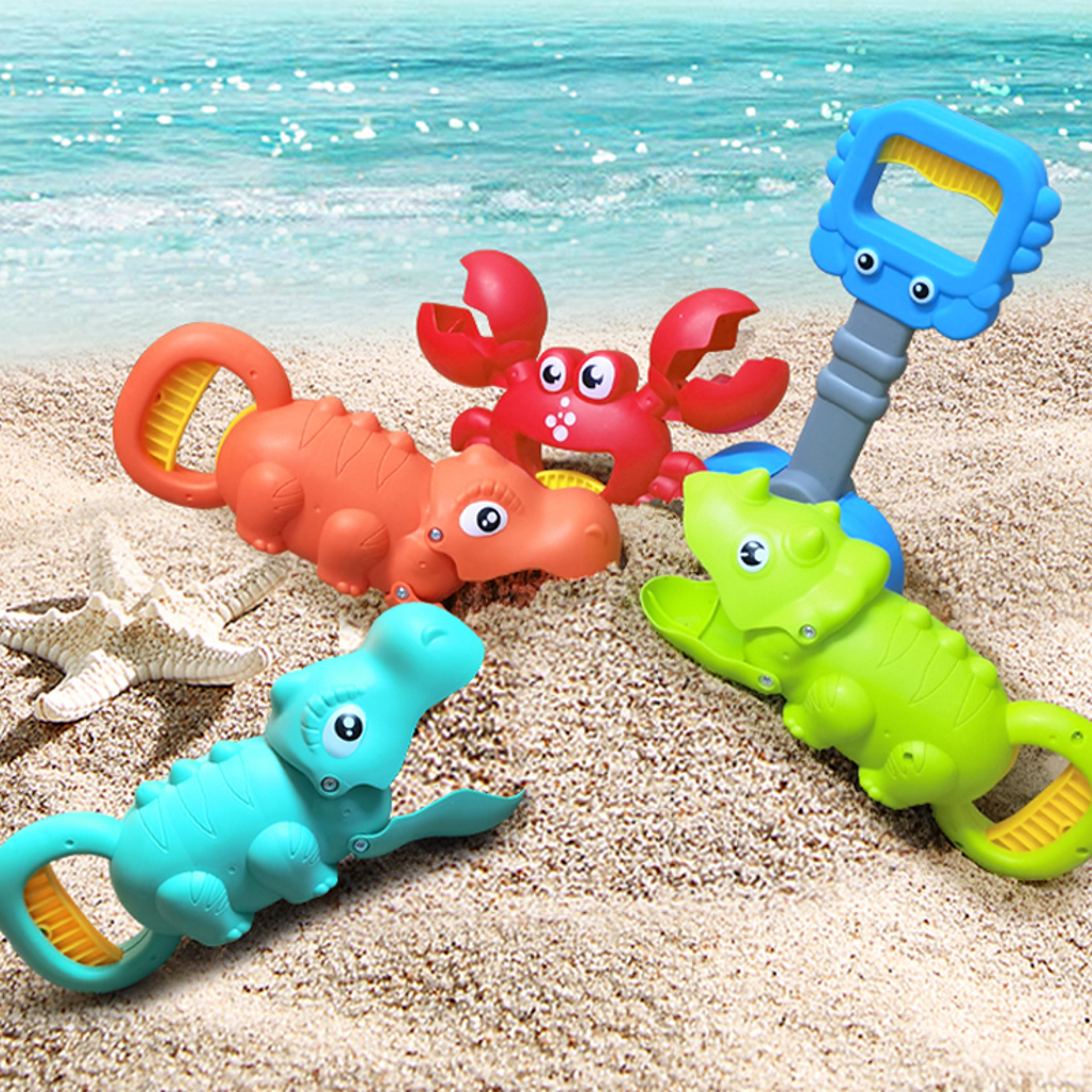 kids beach toy set with robotic claw grabber and sand digger shovel