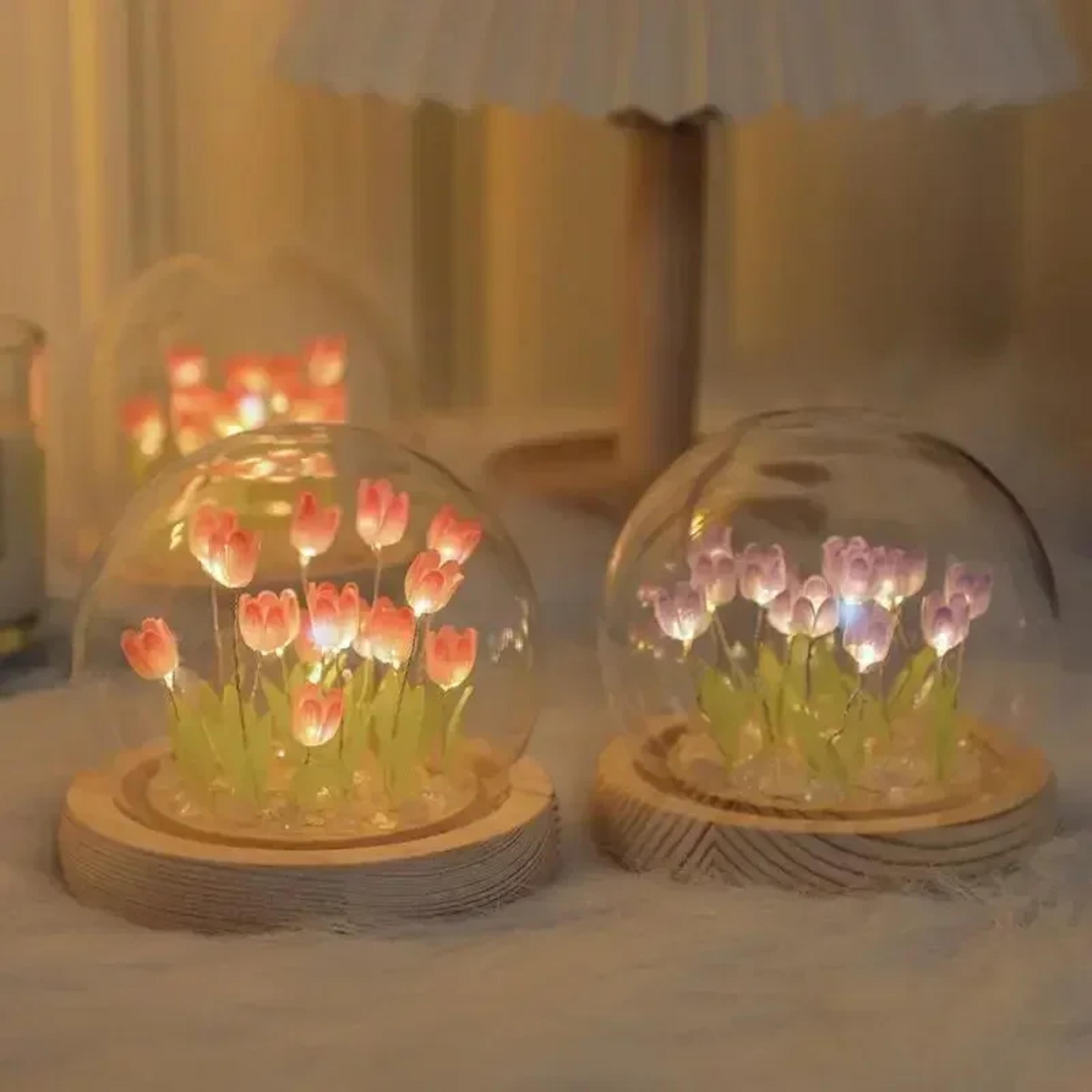 diy tulip night light glass dome led flower lamp with wooden base for bedroom desk decor gift