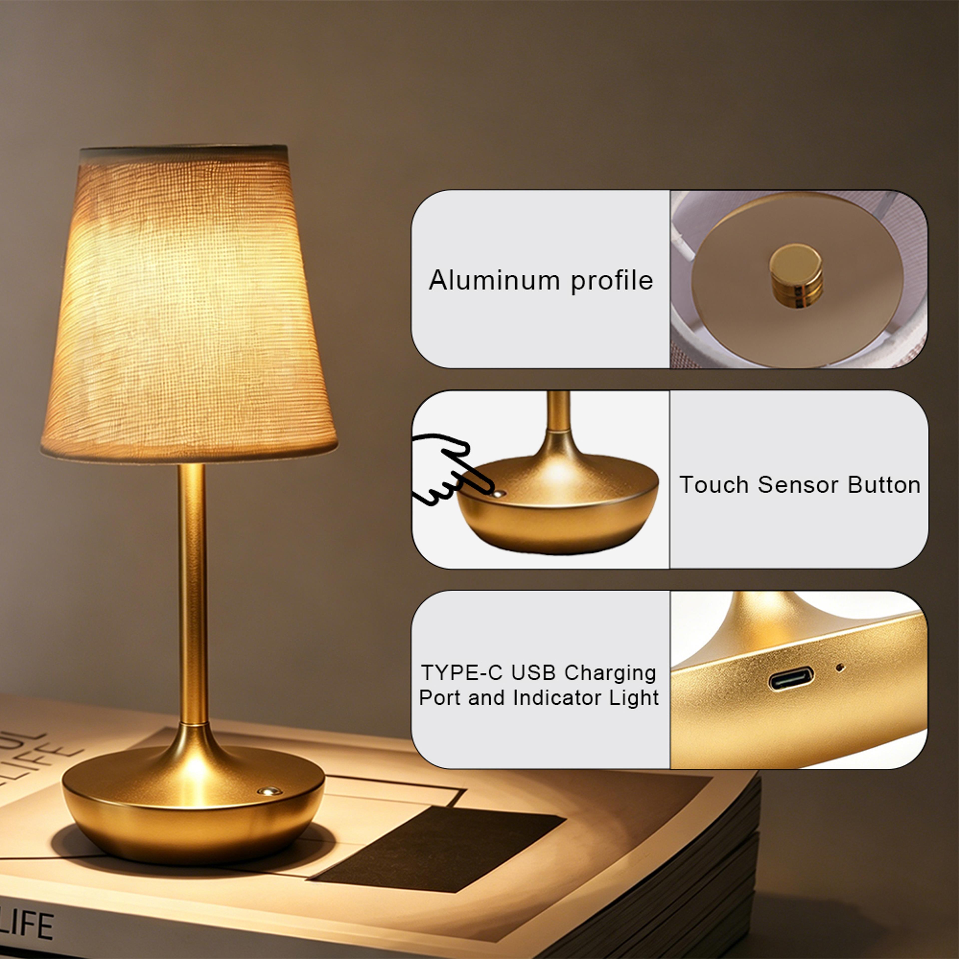 Classic Rechargeable LED Table Lamp USB Dimmable Bedside Lamp With Fabric Shade 3