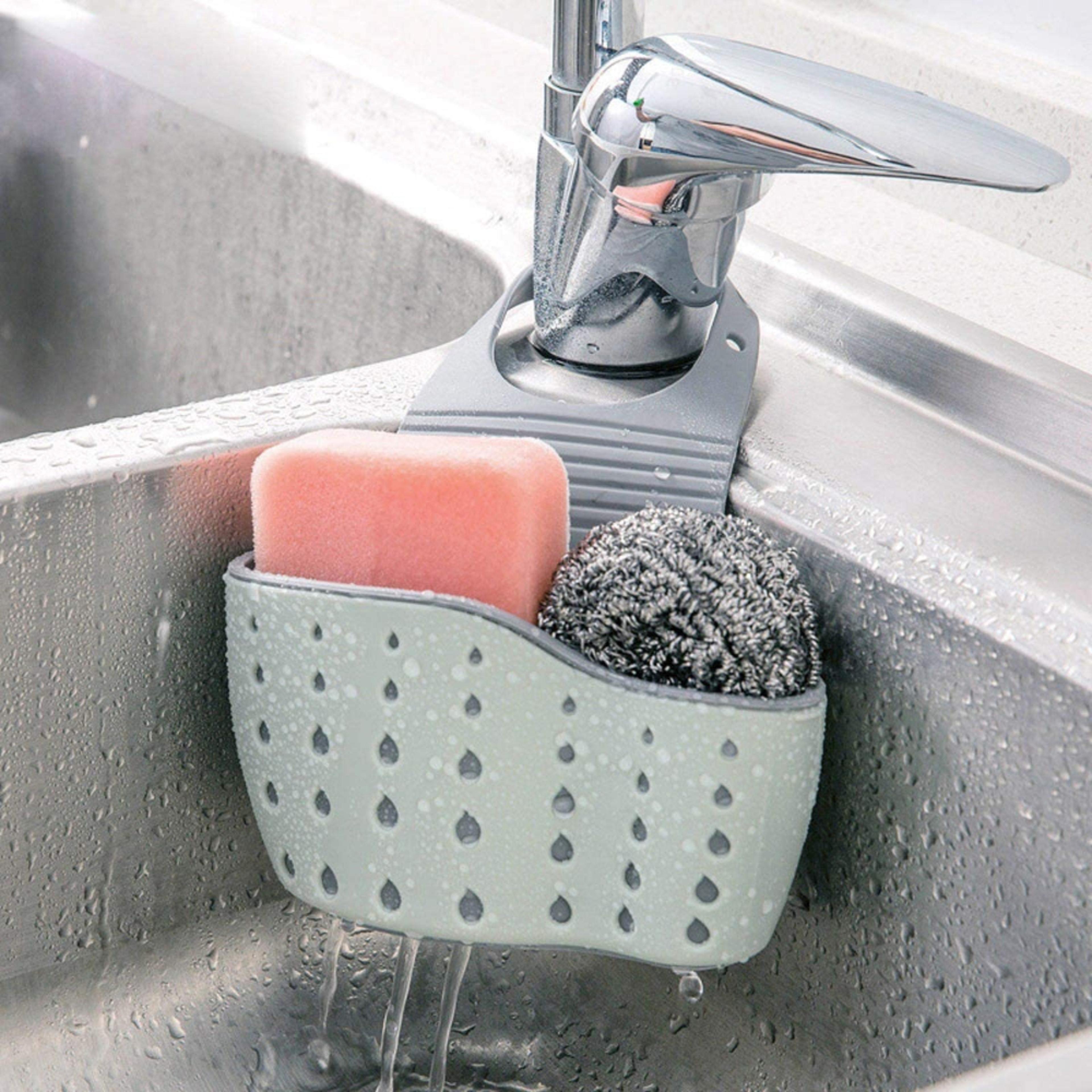 adjustable kitchen sink sponge holder and hanging sink caddy with drain holes