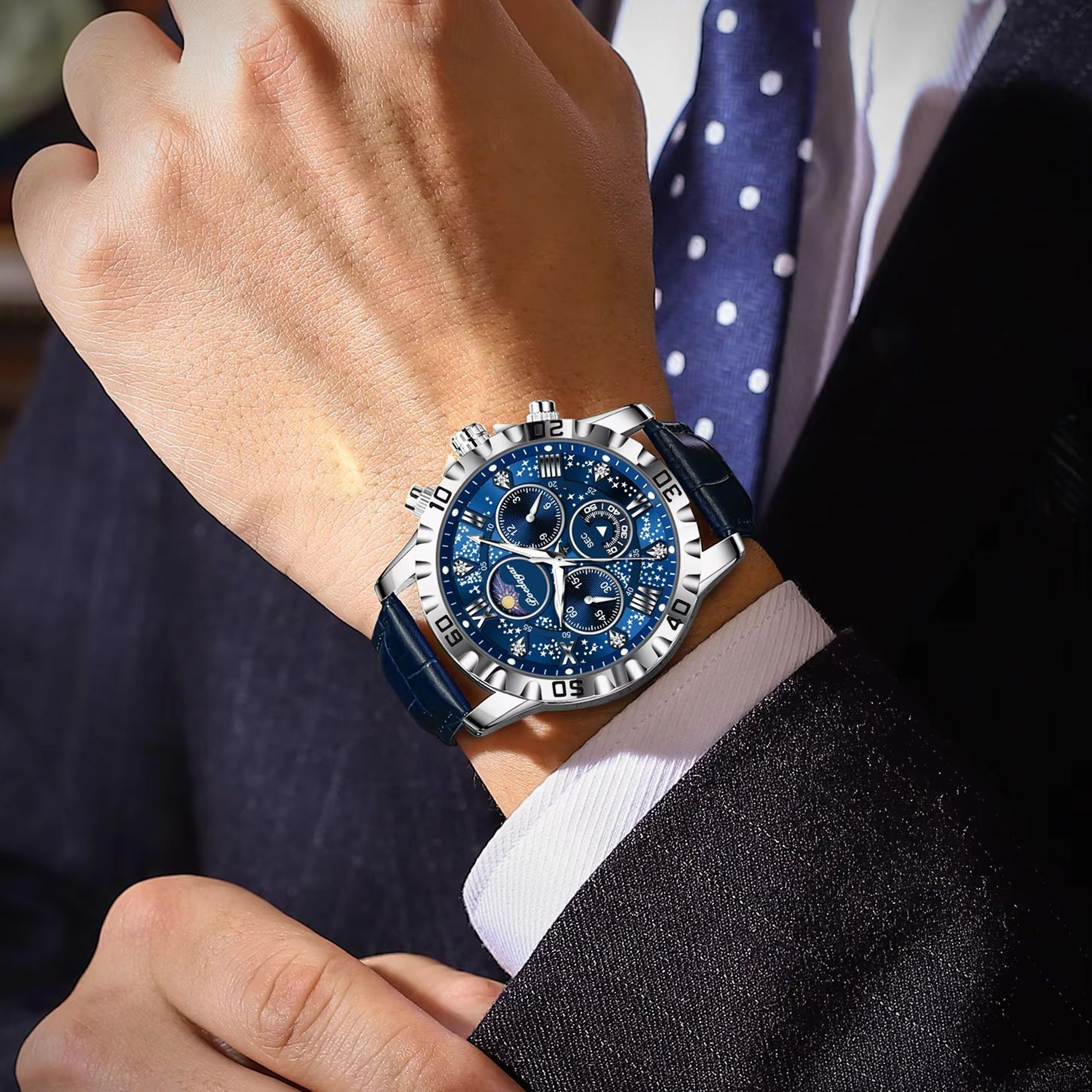 luxury mens chronograph watch waterproof luminous leather quartz watch