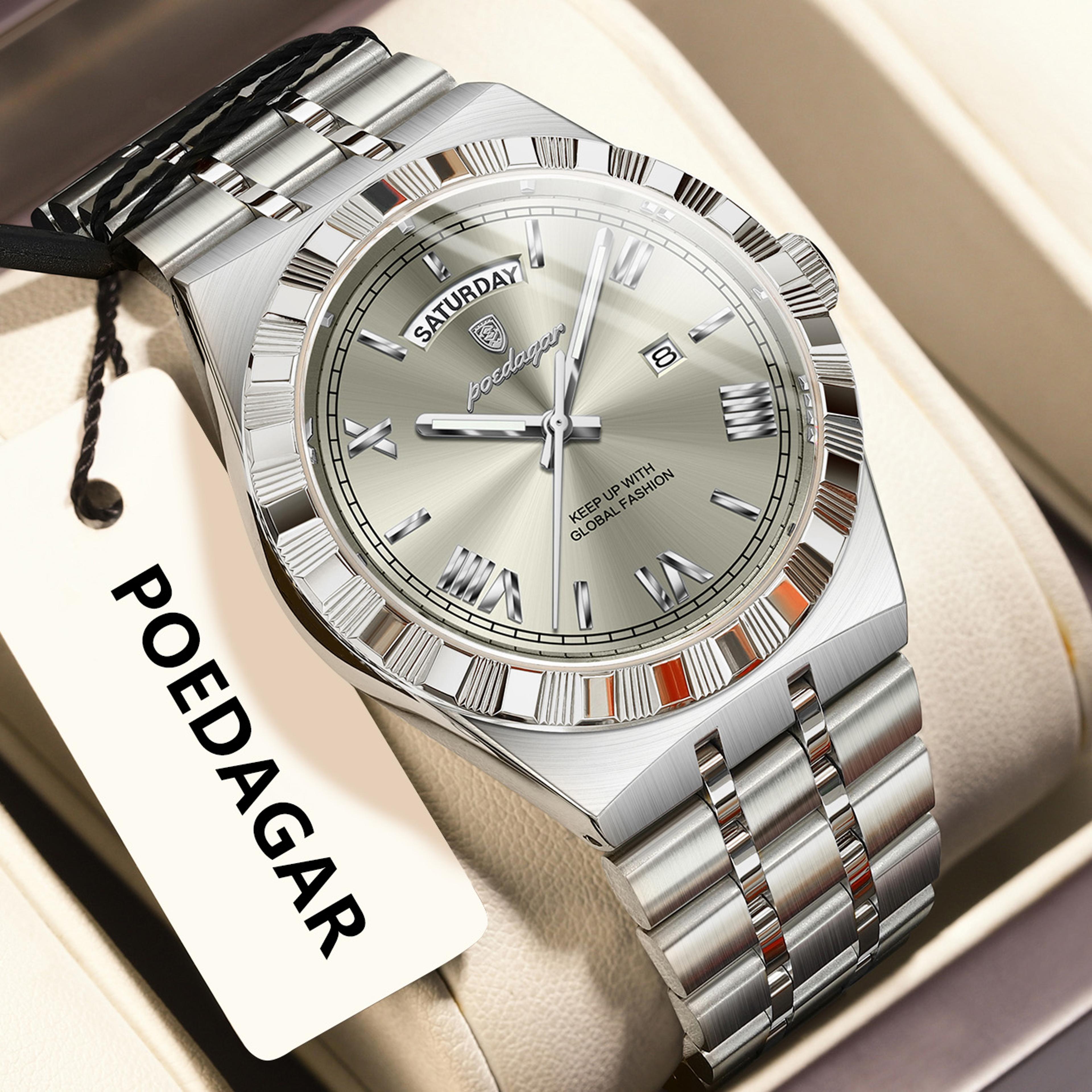 Luxury Mens Quartz Watch With Week Date Luminous Dial And Stainless Steel Band 12