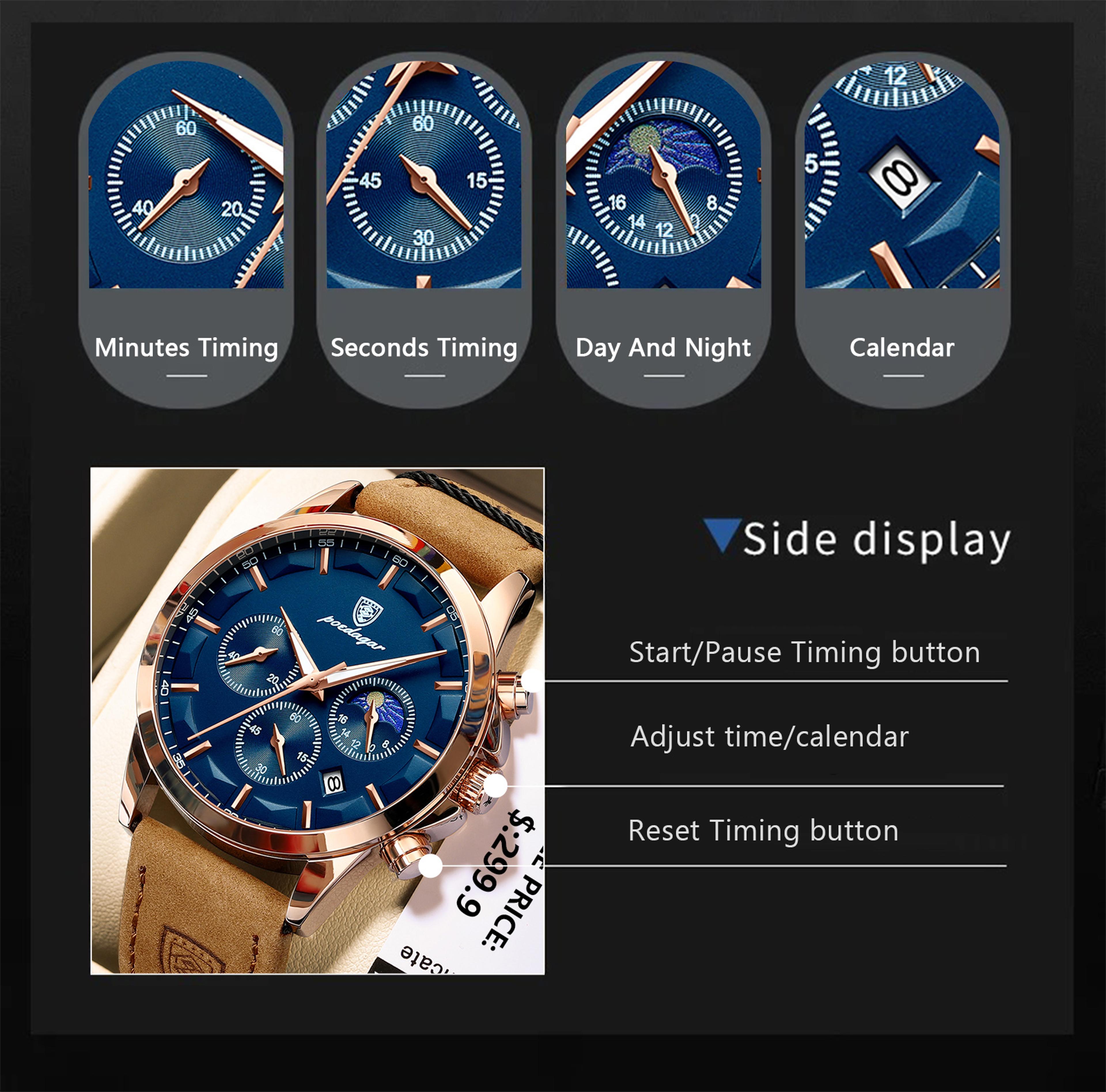 Luxury Mens Chronograph Watch With Leather Strap Luminous Display And Date 5