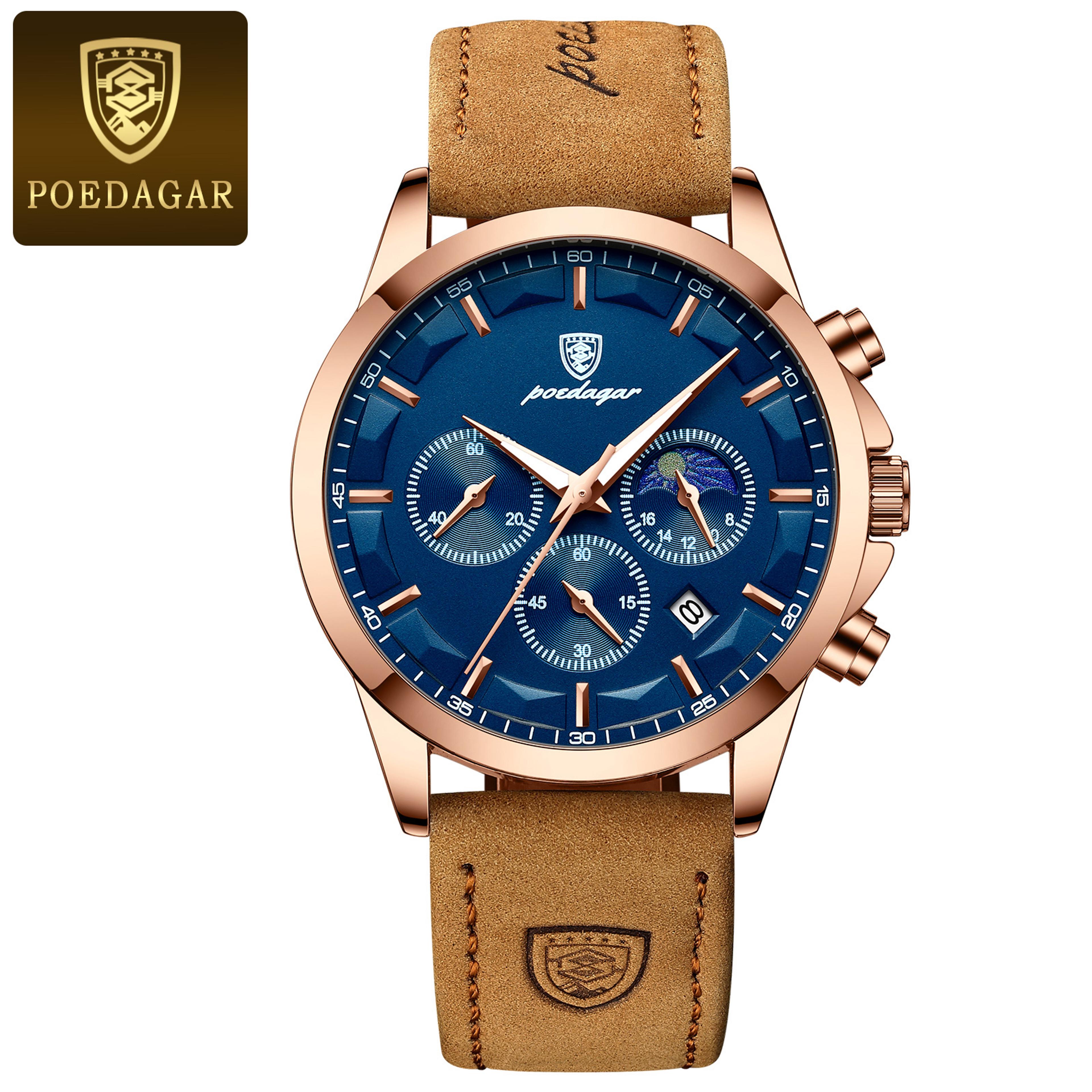 Luxury Mens Chronograph Watch With Leather Strap Luminous Display And Date 7
