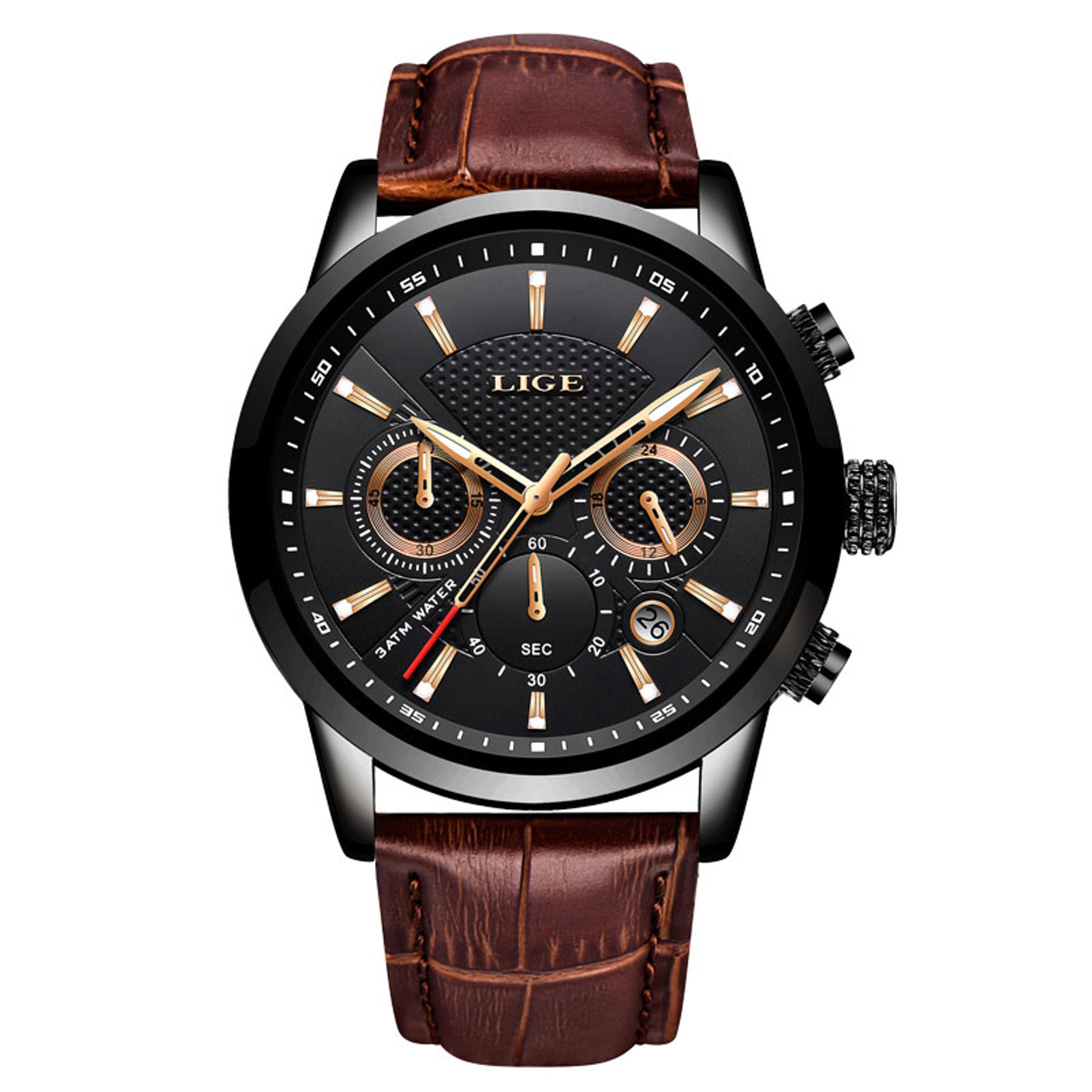 mens leather chronograph waterproof quartz business watch
