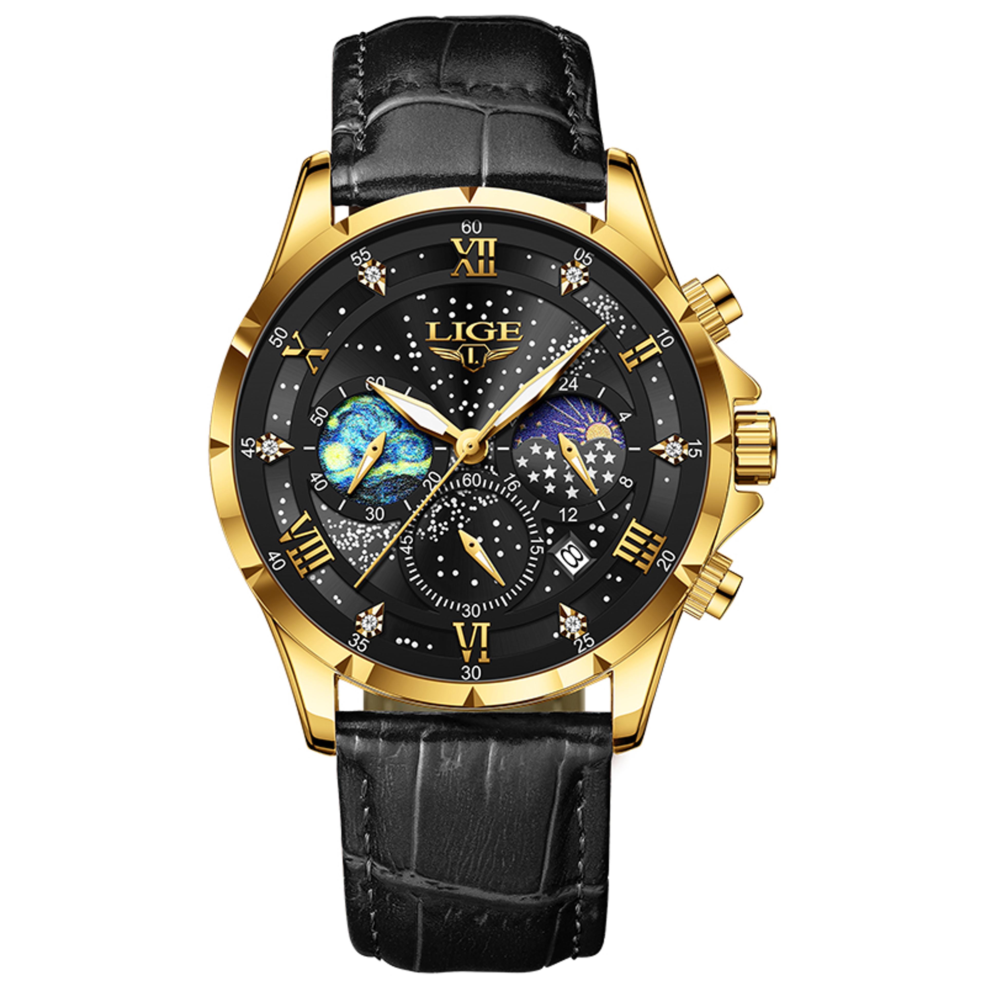 mens leather quartz watch with chronograph date and water resistance