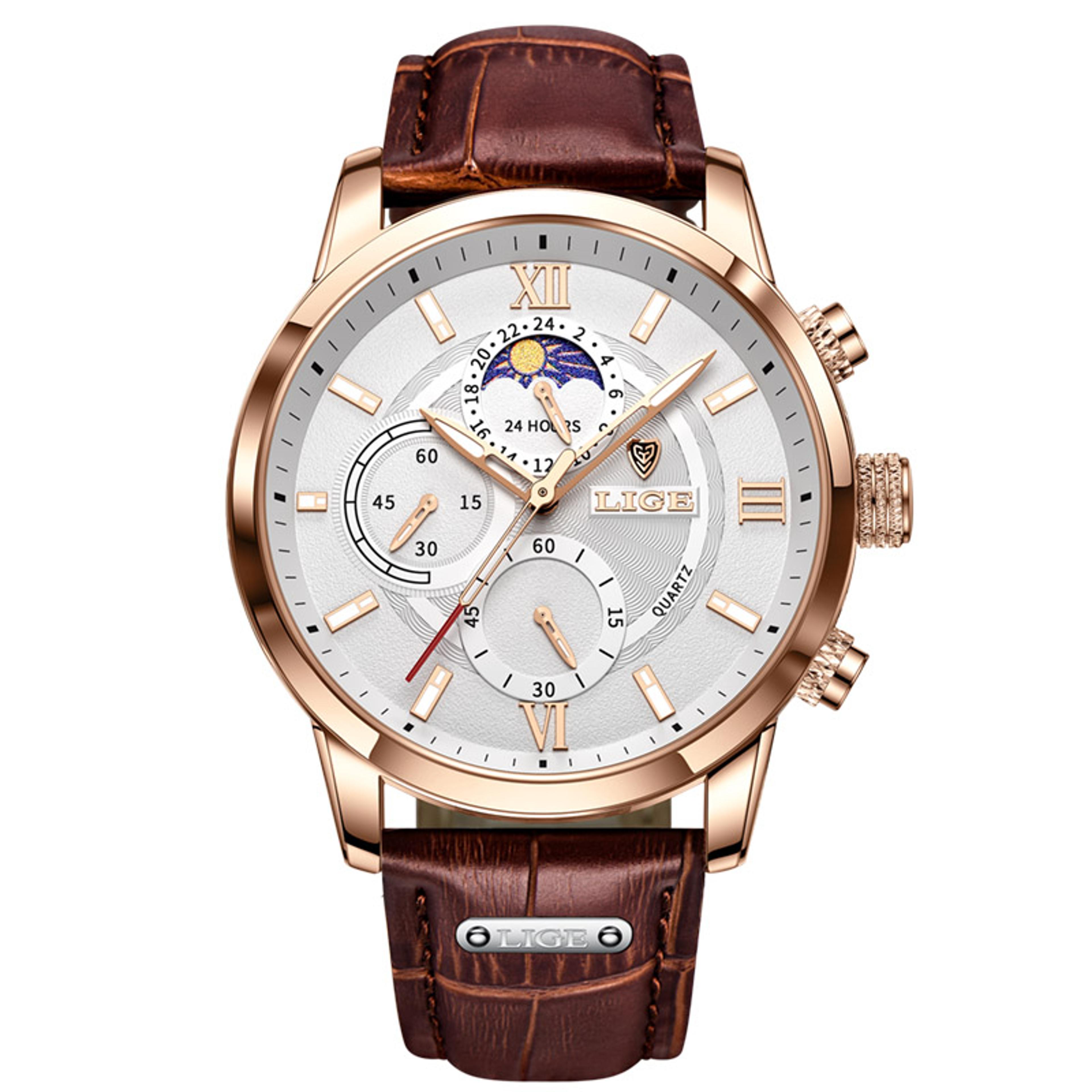 mens brown leather quartz watch water resistant business casual style