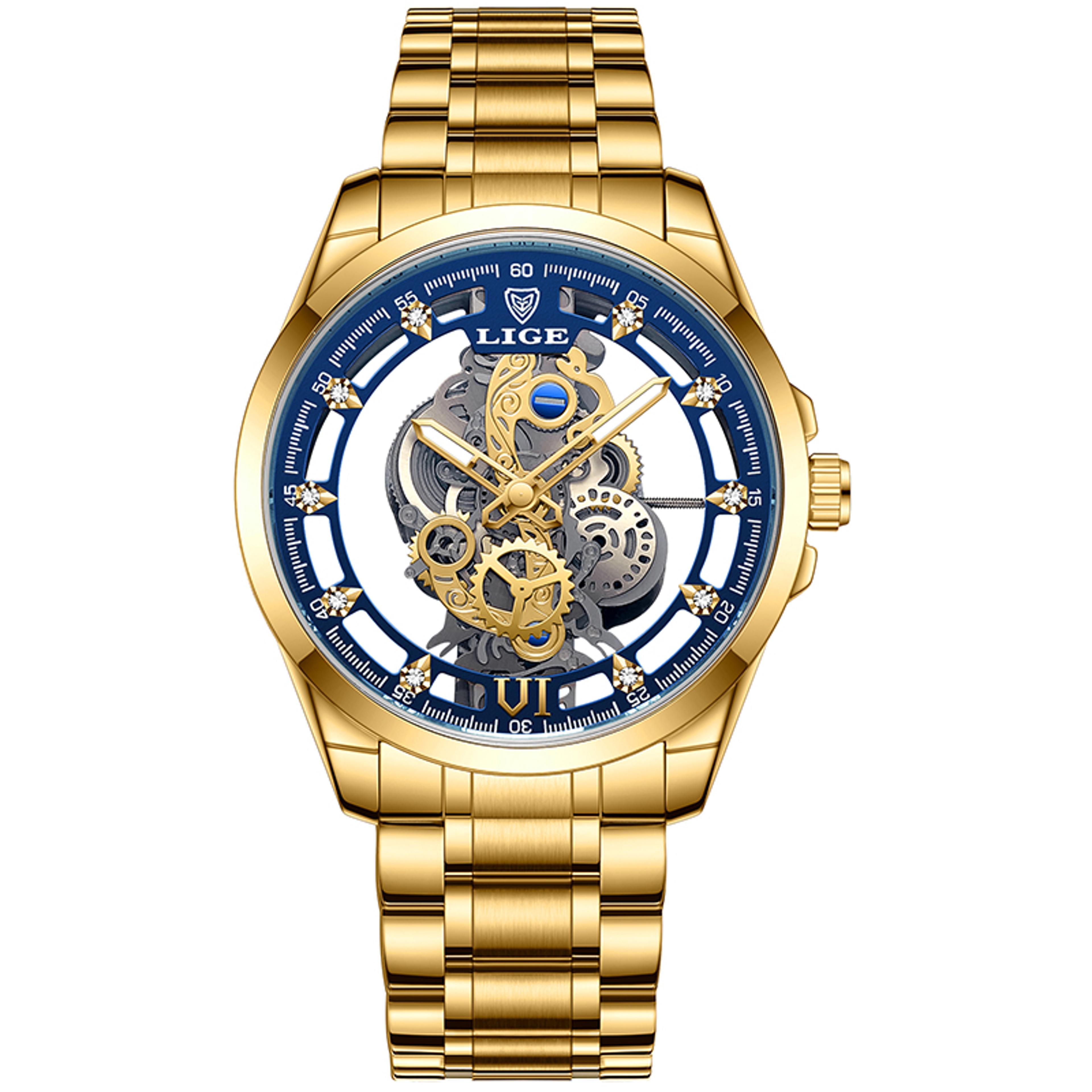 mens skeleton watch gold retro quartz watch for men with water resistance