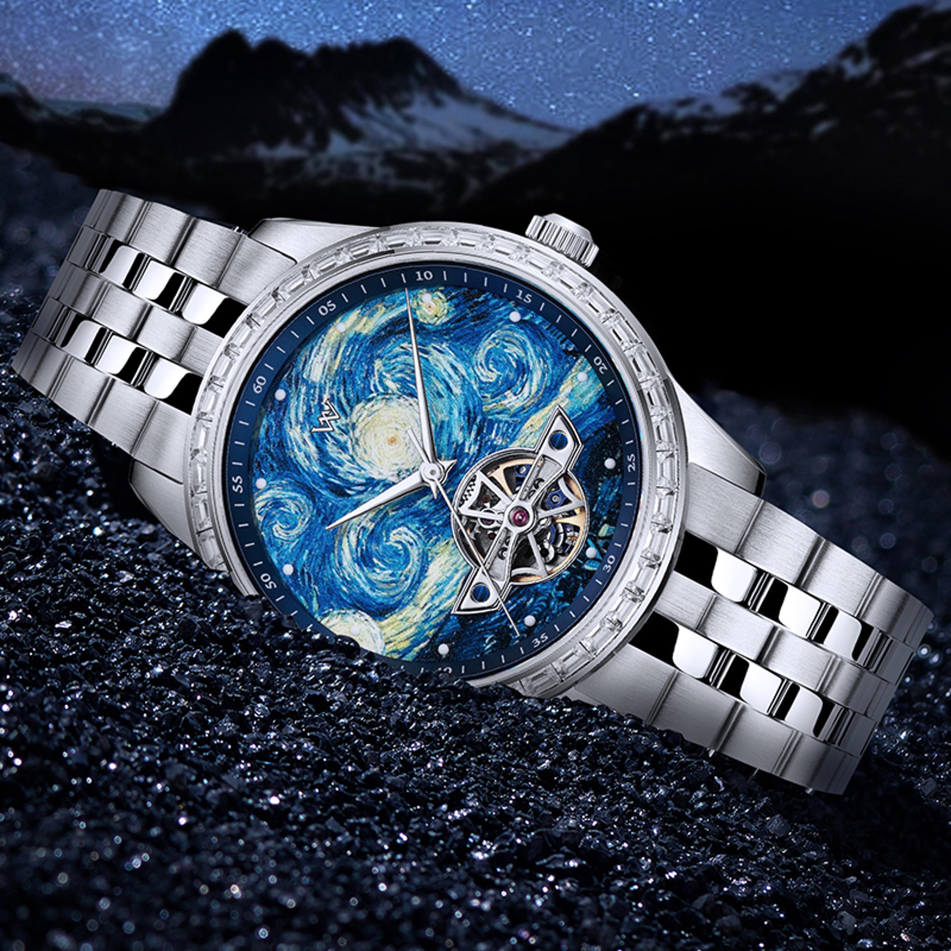 Starry Night Automatic Watch Sapphire Skeleton Art Dial 3
