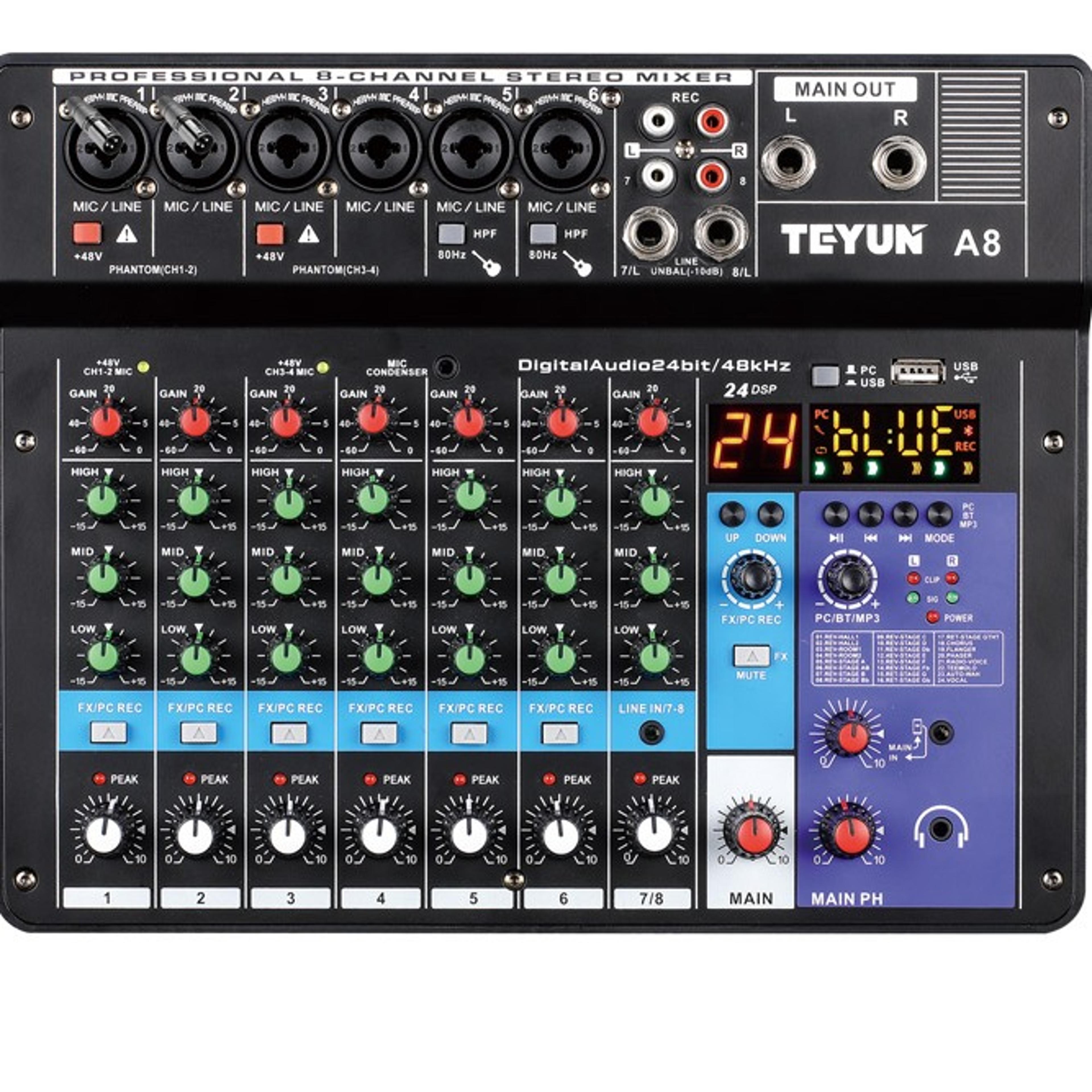 TEYUN 8 6 4 Channel DJ Sound Mixing Table 24 DSP Effect Audio Mixer Bluetooth PC USB Play Recording