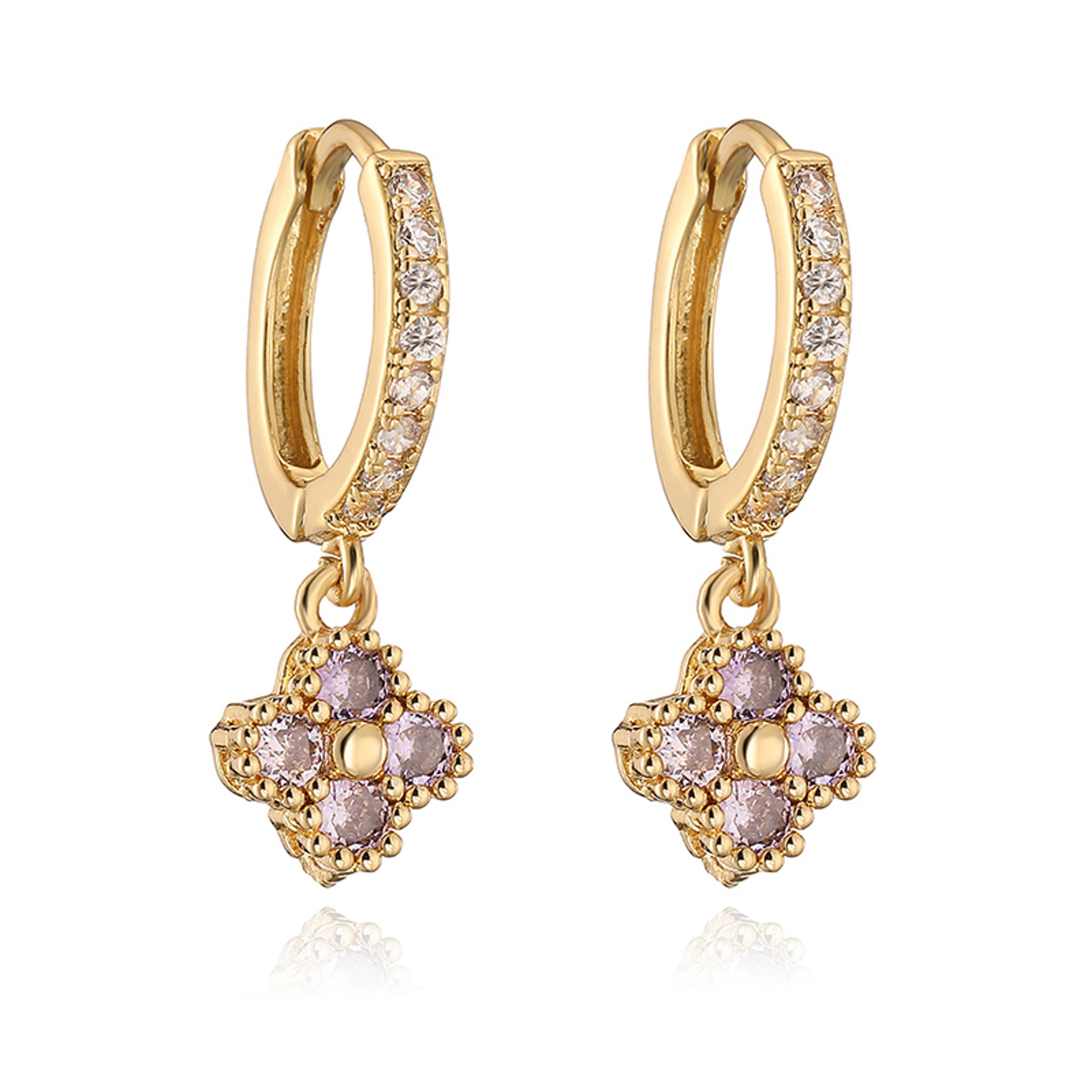 Gold Plated Huggie Hoop Earrings With Crystal Zirconia Flower Dangle 2
