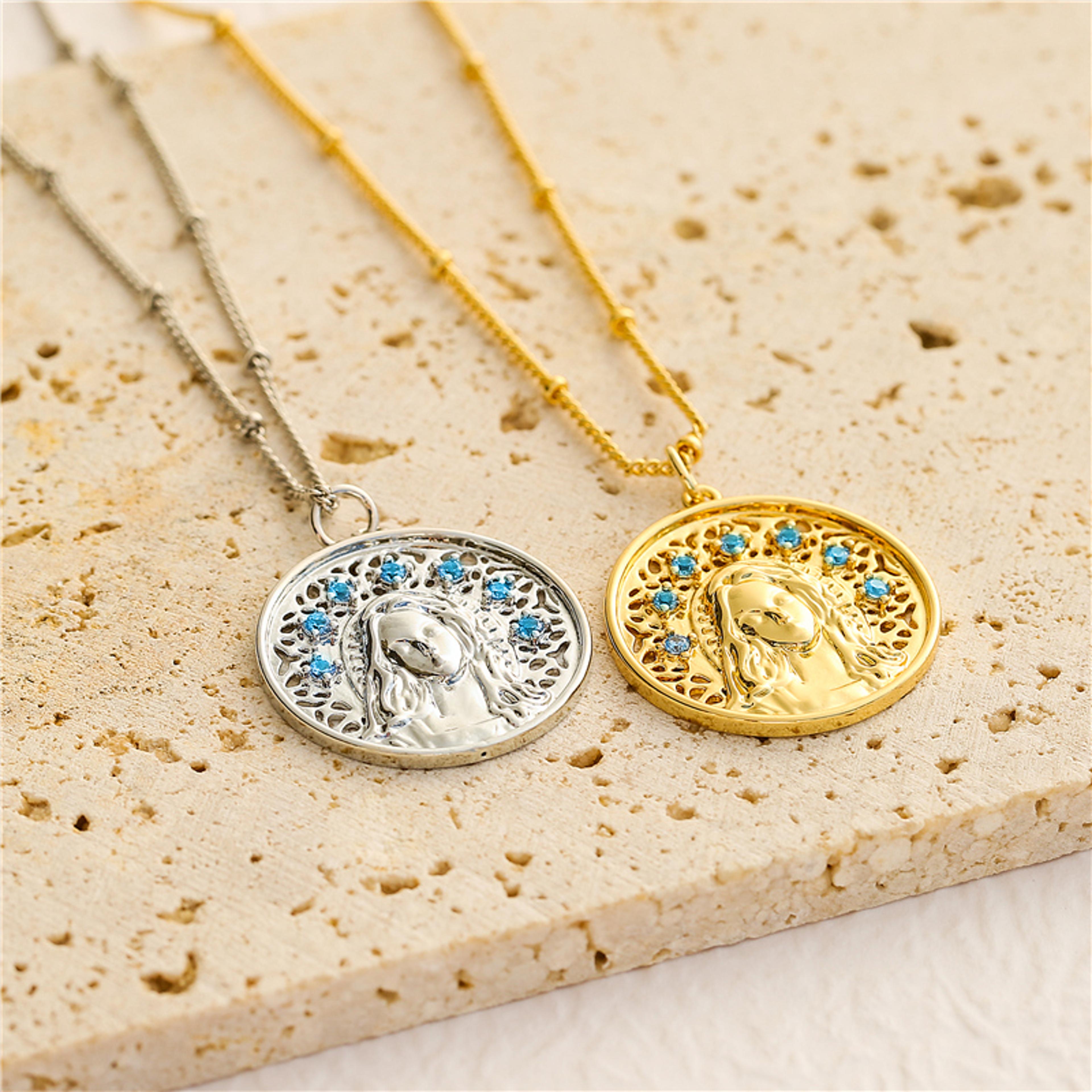Sea Blue Crystal Goddess Portrait Pendant Necklace For Women 1