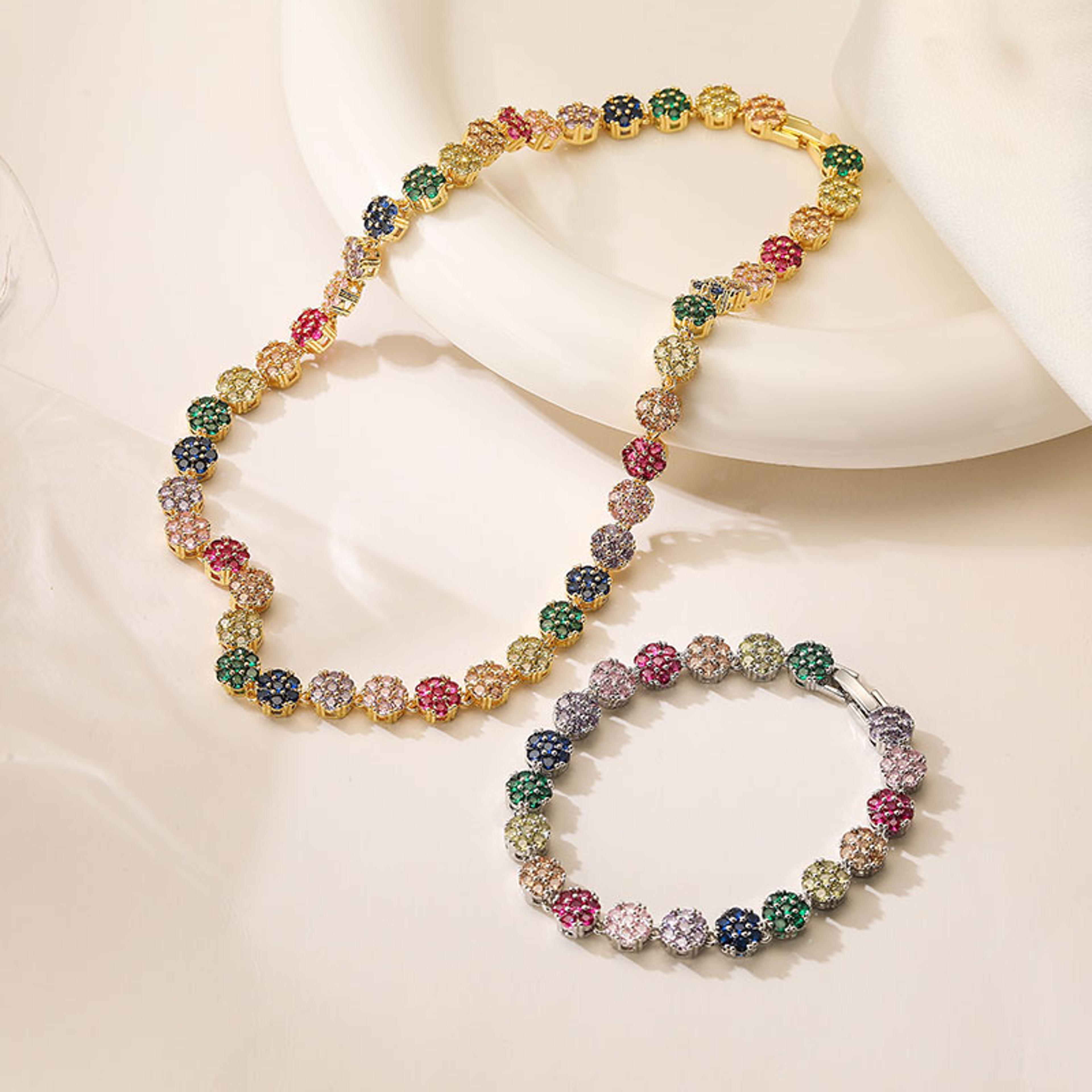 Colorful Zircon Flower Jewelry Set Gold Plated Necklace And Bracelet For Women 2
