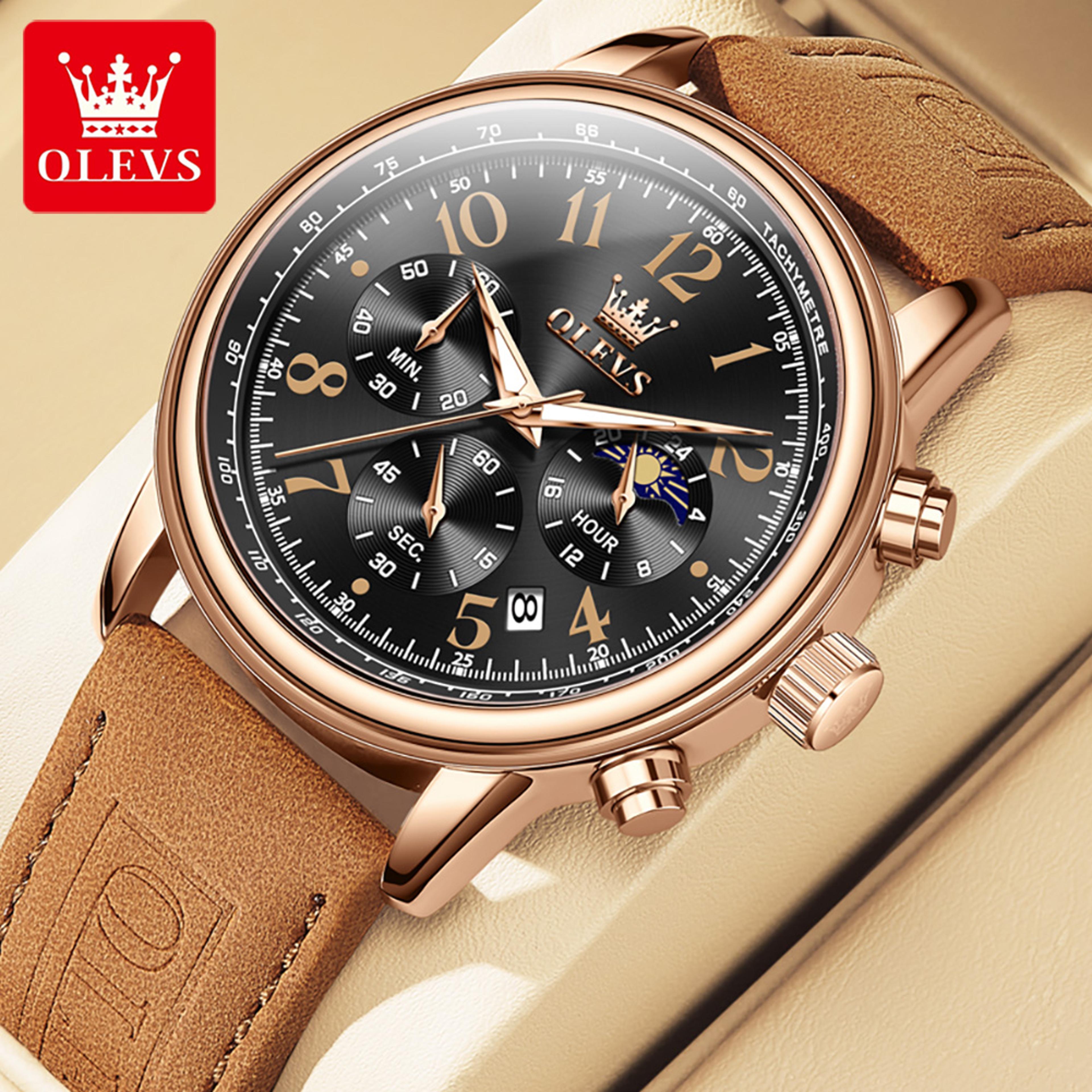 Mens Chronograph Watch With Moon Phase Luminous Dial And Leather Strap 7