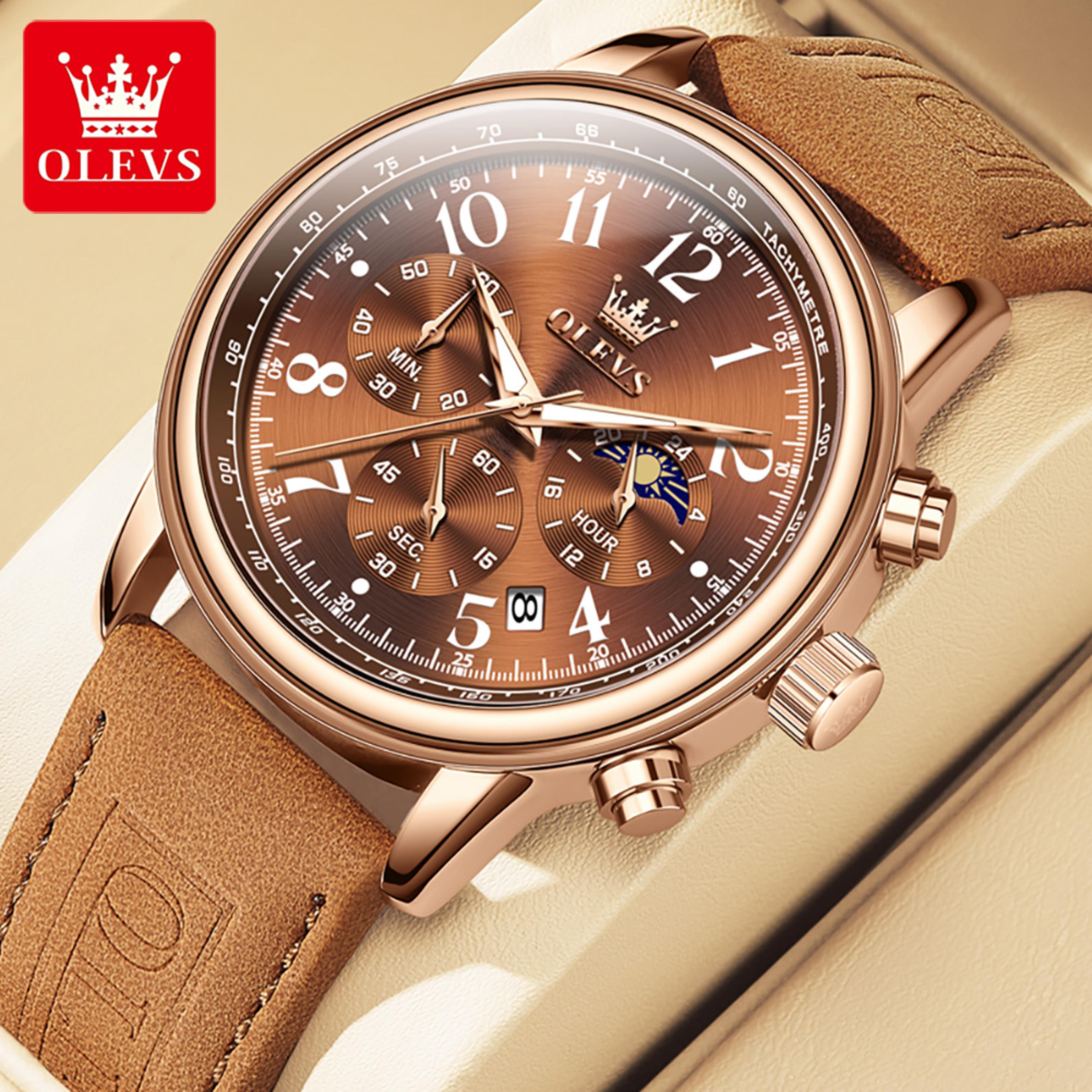 Mens Chronograph Watch With Moon Phase Luminous Dial And Leather Strap 9