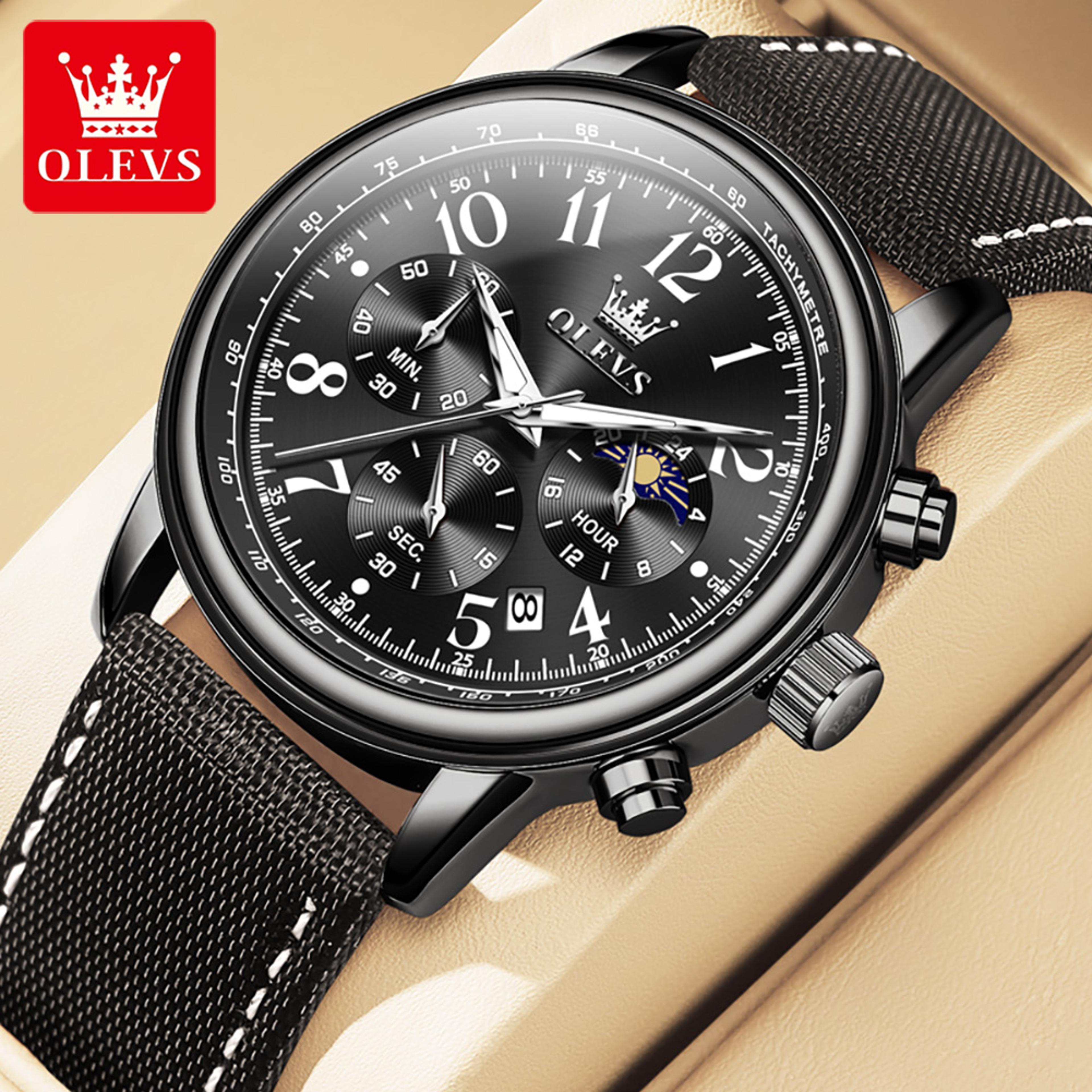 Mens Chronograph Watch With Moon Phase Luminous Dial And Leather Strap 10