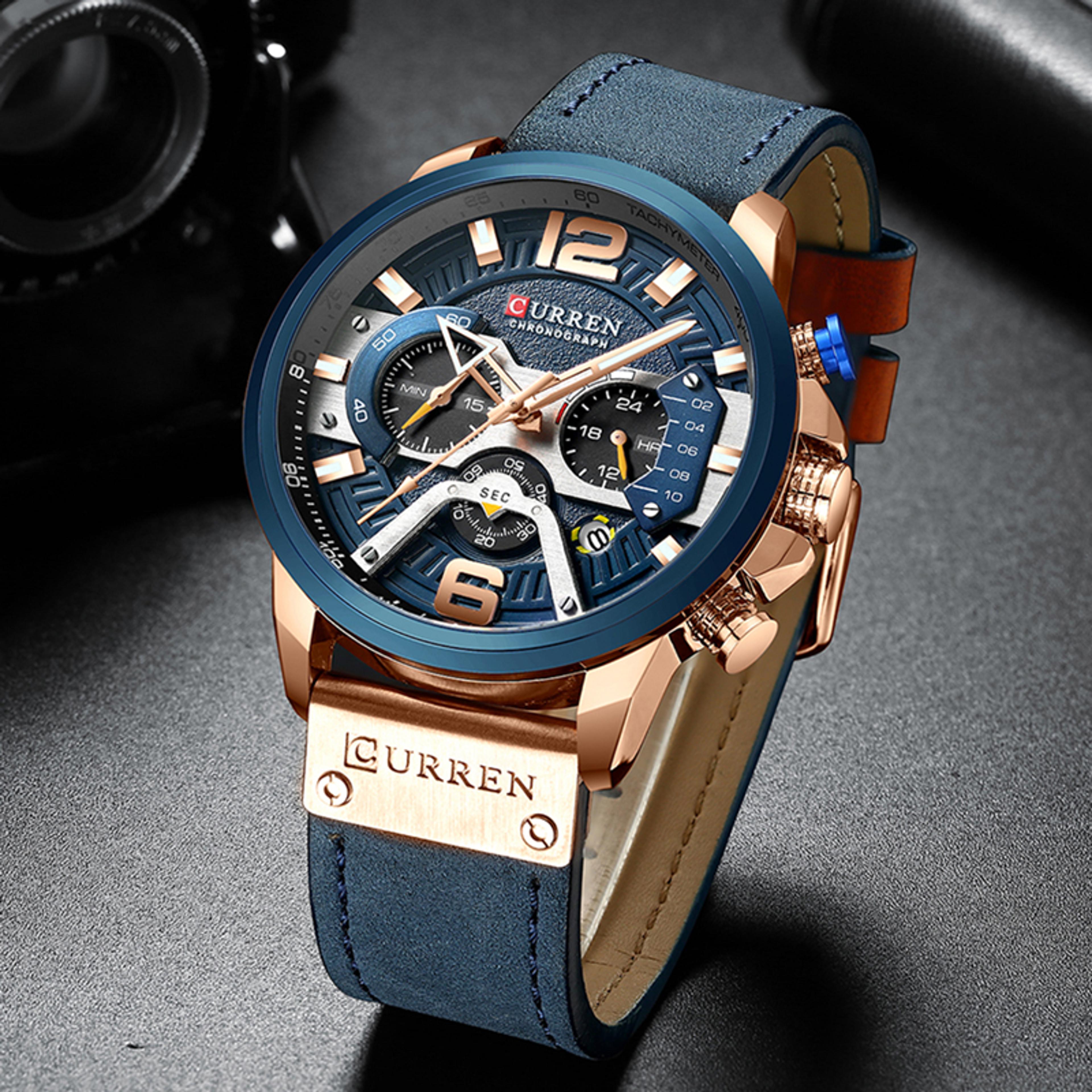 mens chronograph watch leather strap luxury quartz sports watch