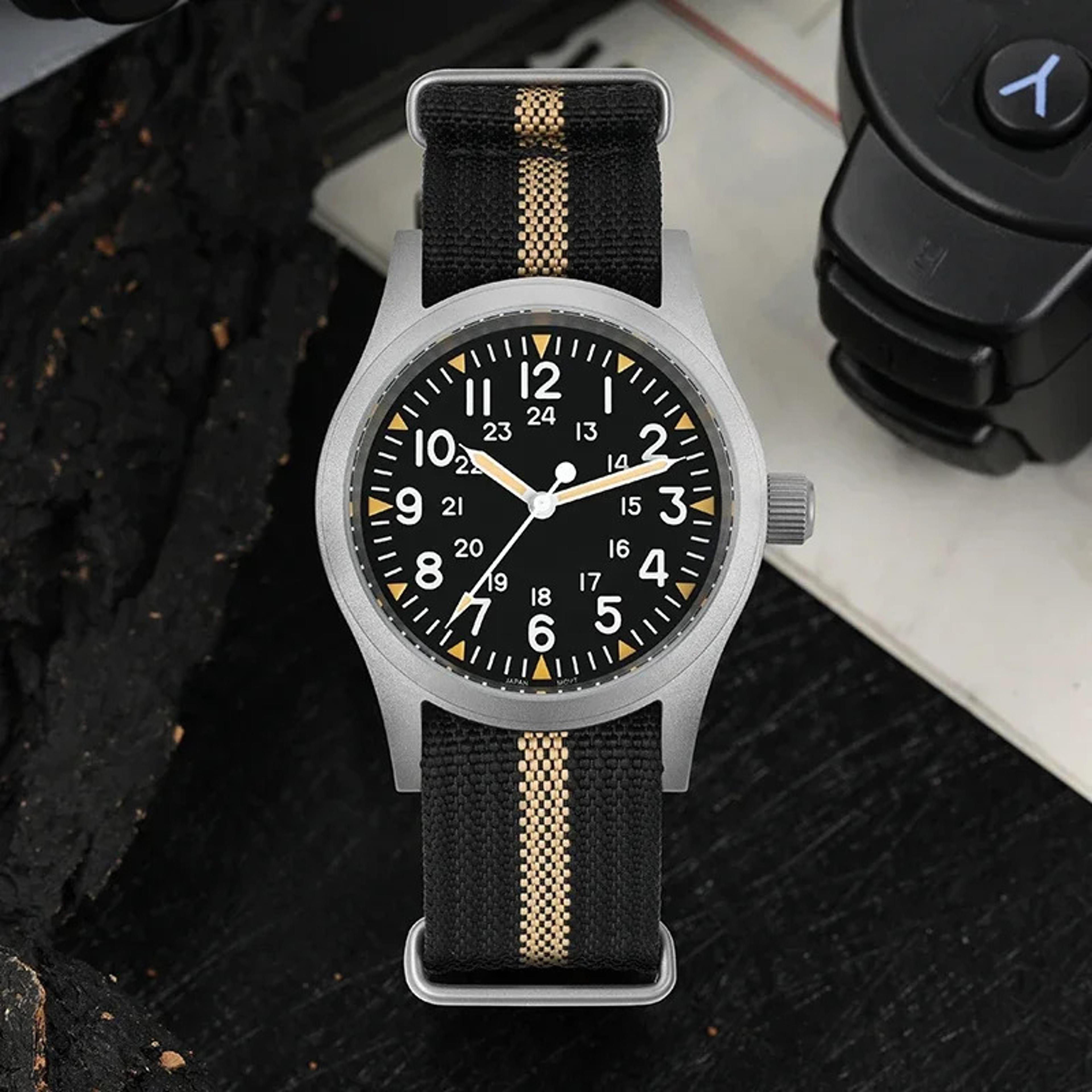 military field watch with sapphire crystal and water resistance