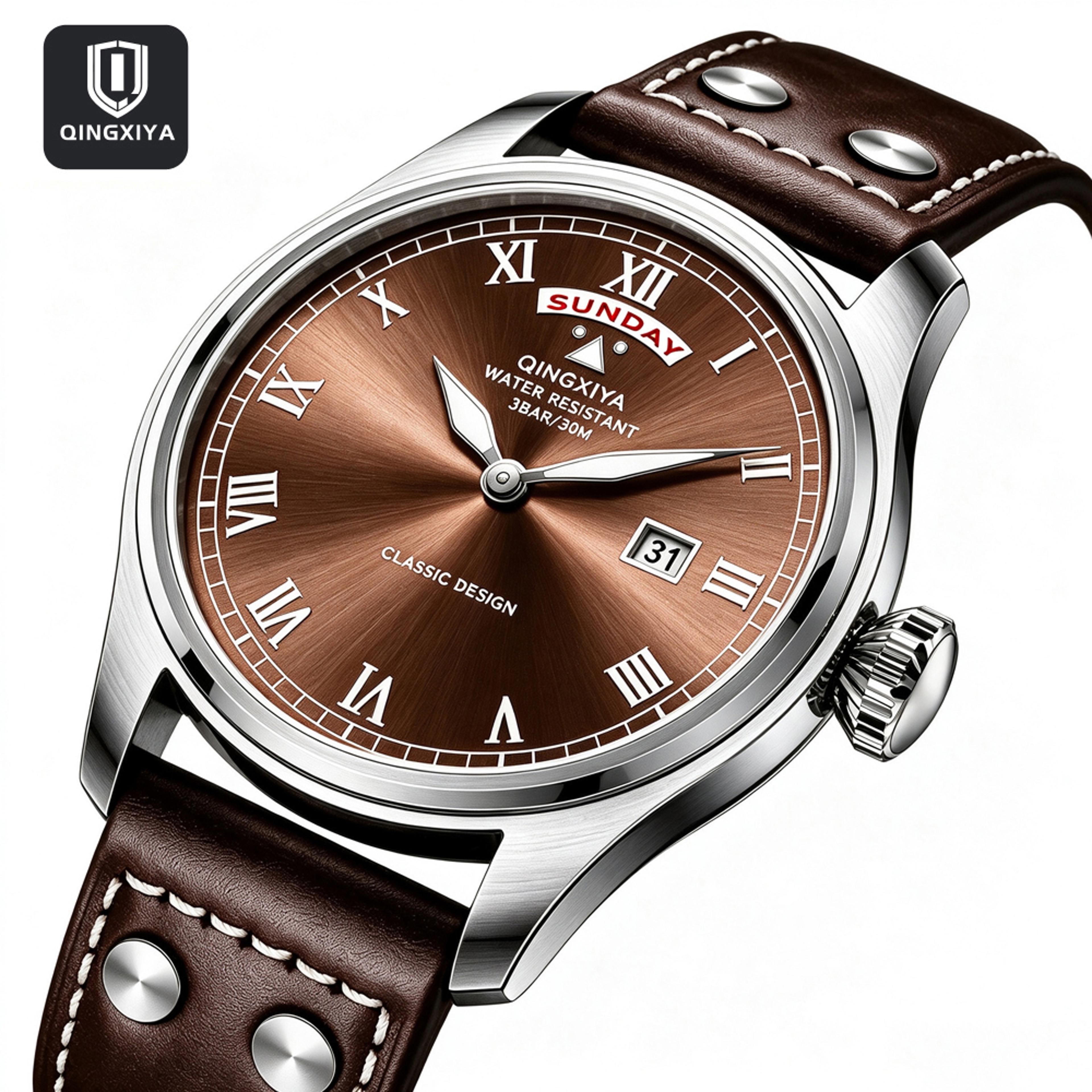 Luxury Mens Quartz Watch Waterproof Luminous Week Date Leather Strap 1