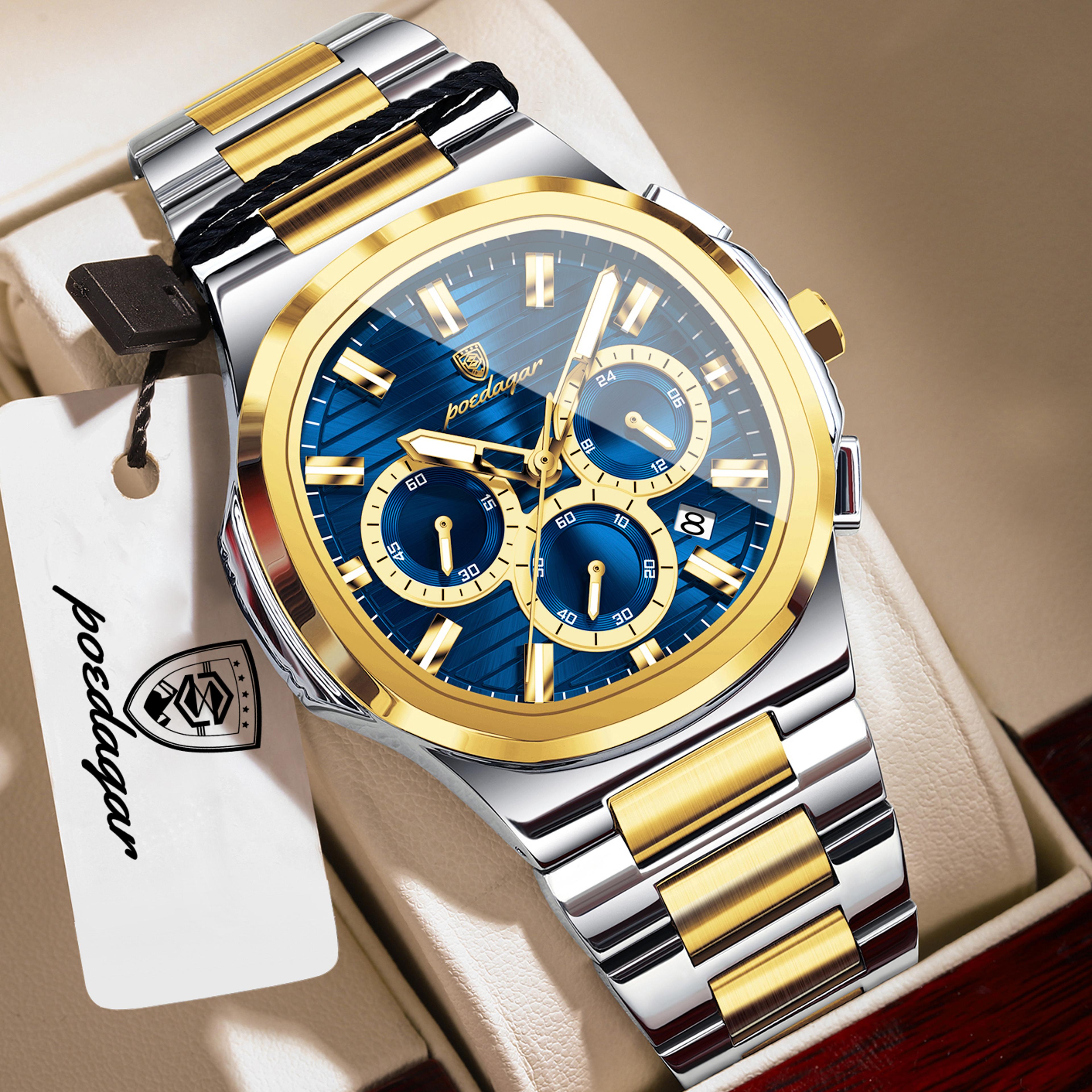 Mens Chronograph Watch Stainless Steel Waterproof Quartz Business Watch 9