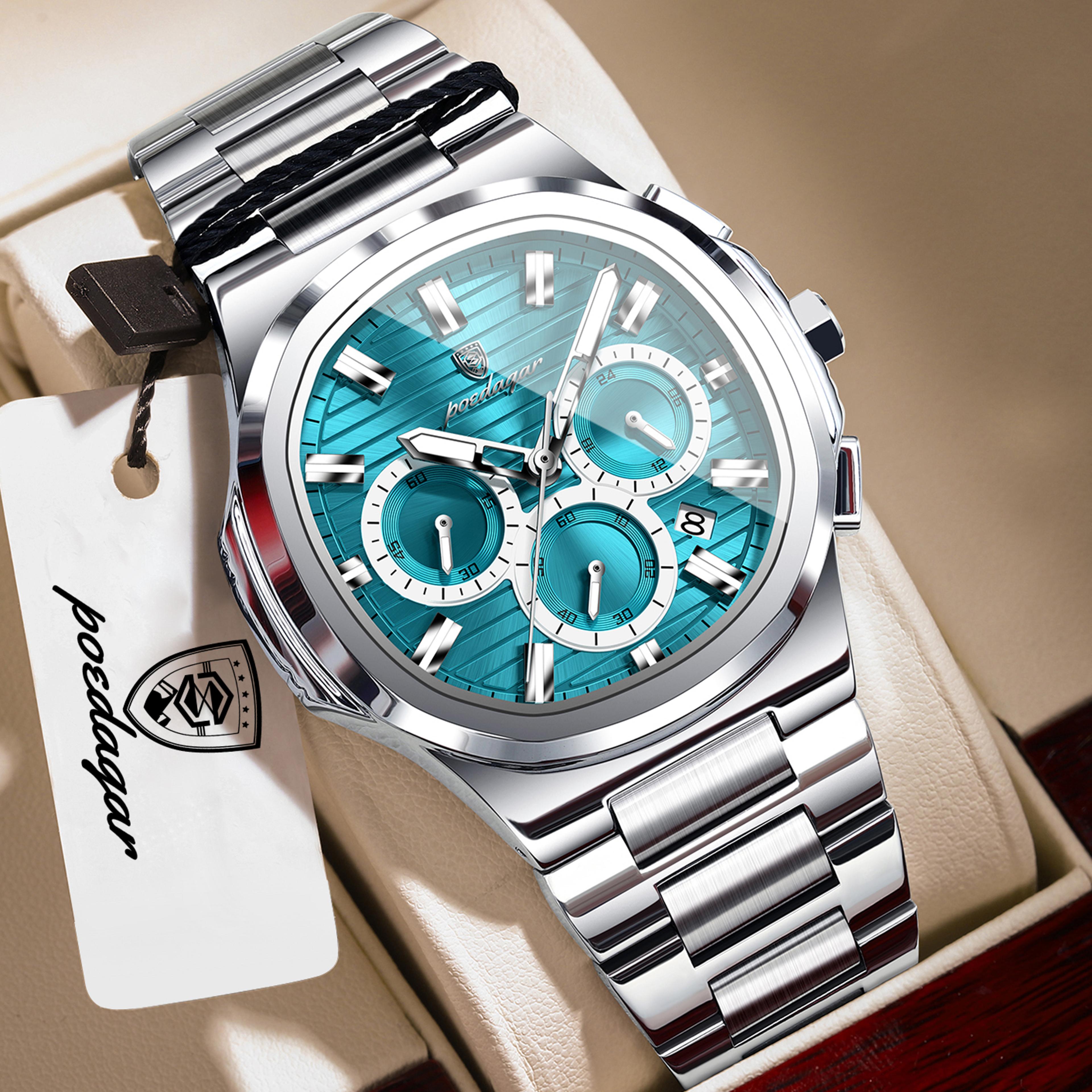 Mens Chronograph Watch Stainless Steel Waterproof Quartz Business Watch 10