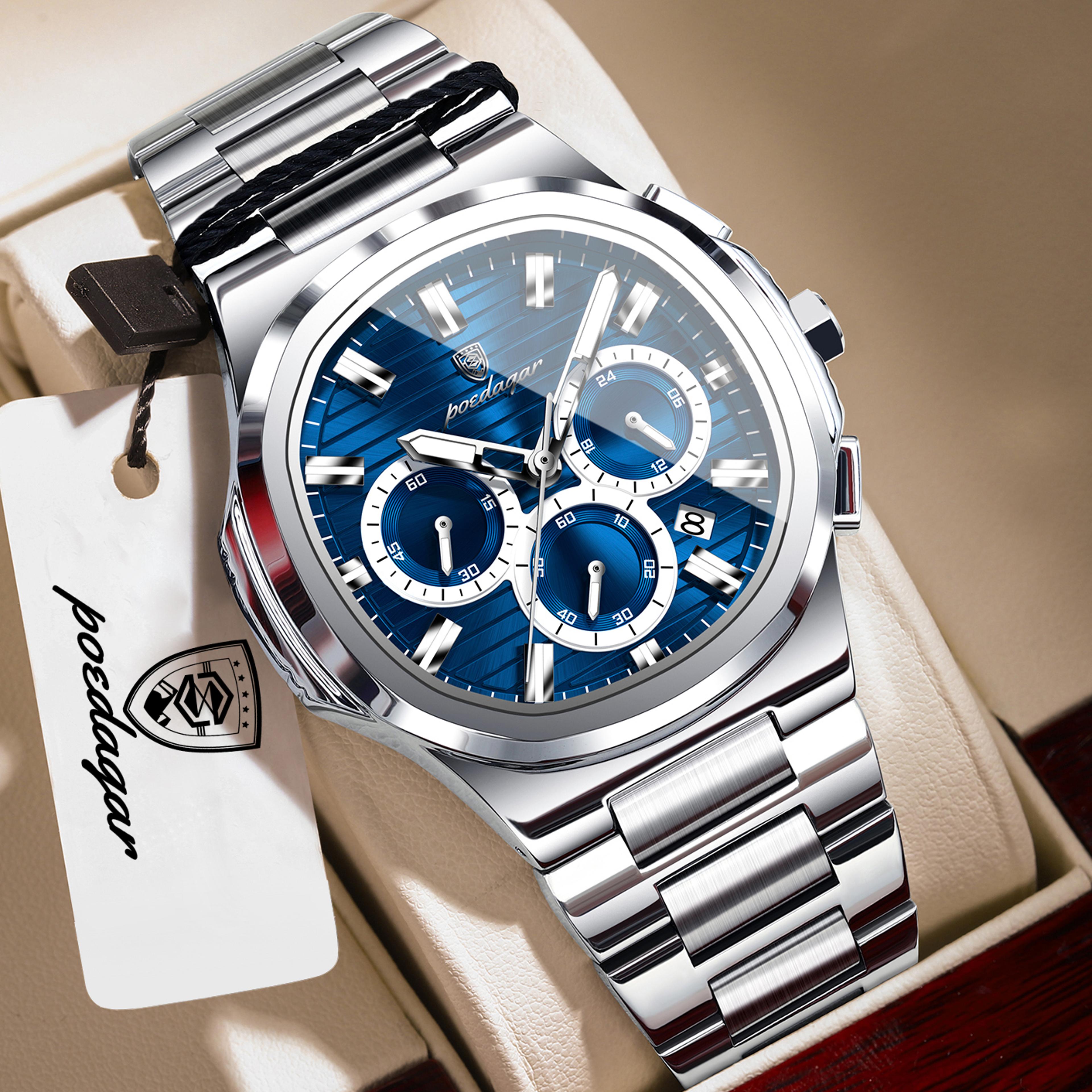 Mens Chronograph Watch Stainless Steel Waterproof Quartz Business Watch 12