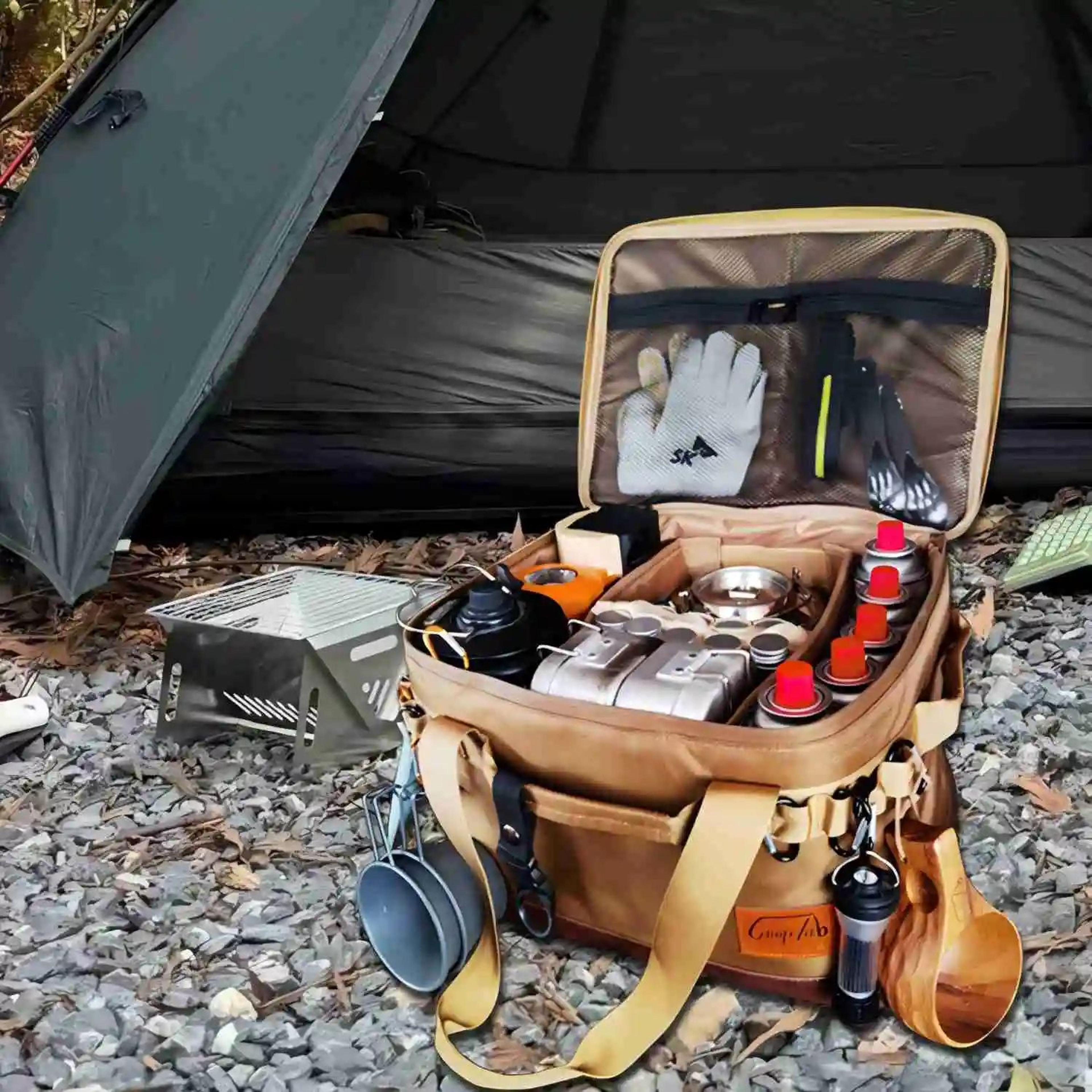 camping organizer bag with large capacity, multi-function storage for cookware, hiking utensils, and outdoor essentials