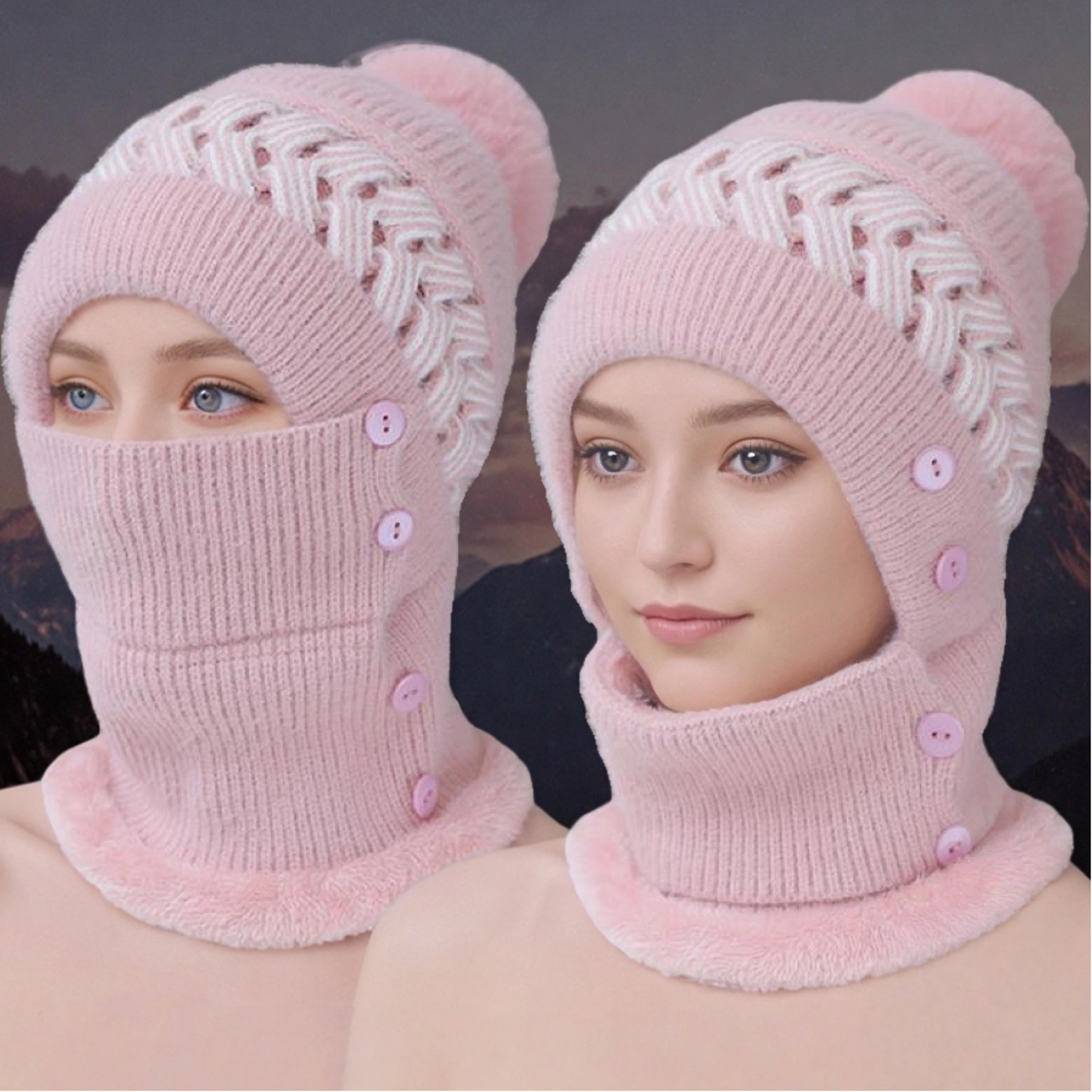 Windproof Coldproof Thicken Balaclava Cap Plush Fur Lined New Style Female Pompoms Winter Hat Keep  0