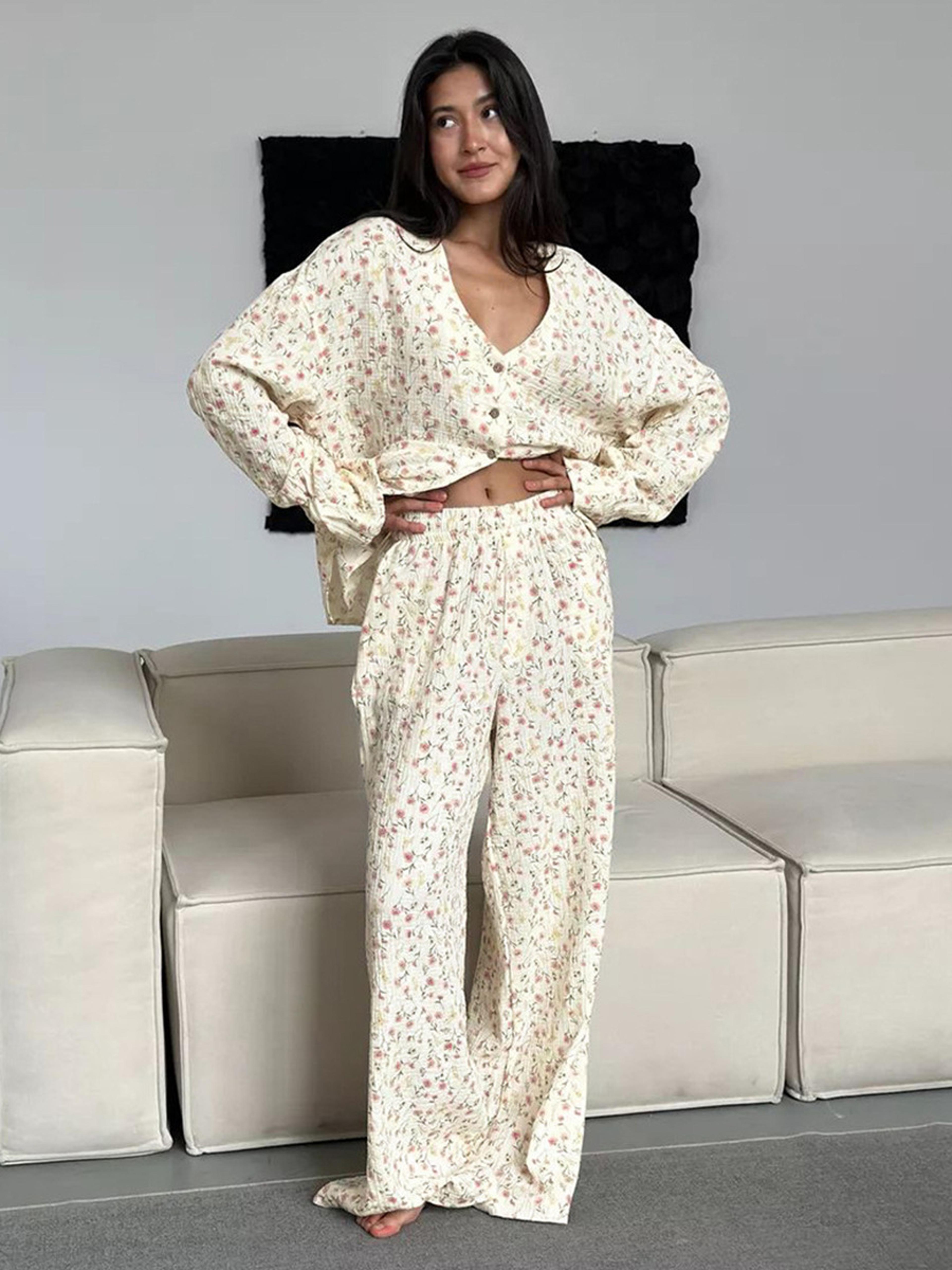 women's new autumn muzuleva cotton printed cardigan pajama set, long sleeved pants pajamas, loose home clothing set