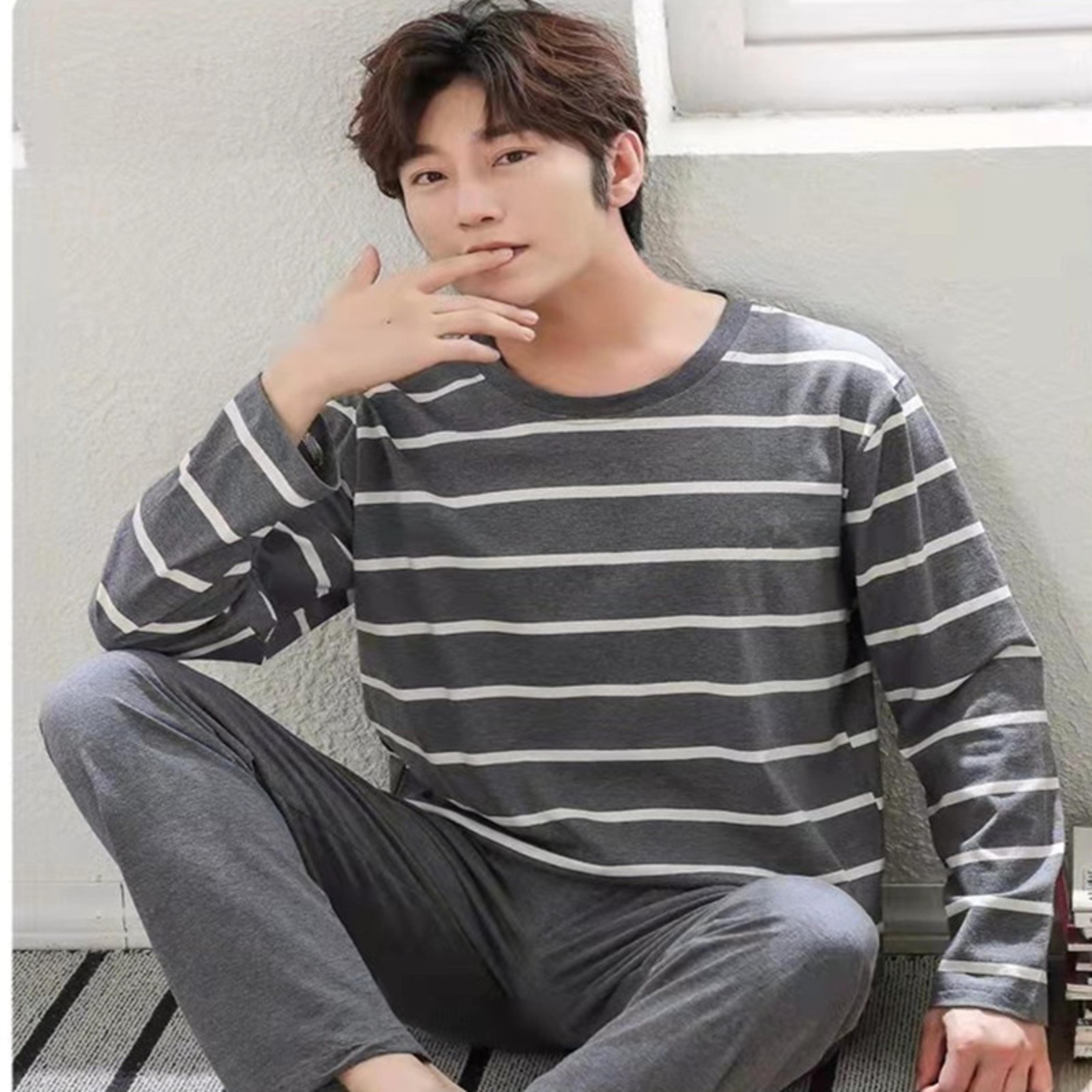 New Summer Mens Pyjamas Black Plaid Trousers LongSleeved TwoPiece Set Large Size Youth Home Wear Su 4