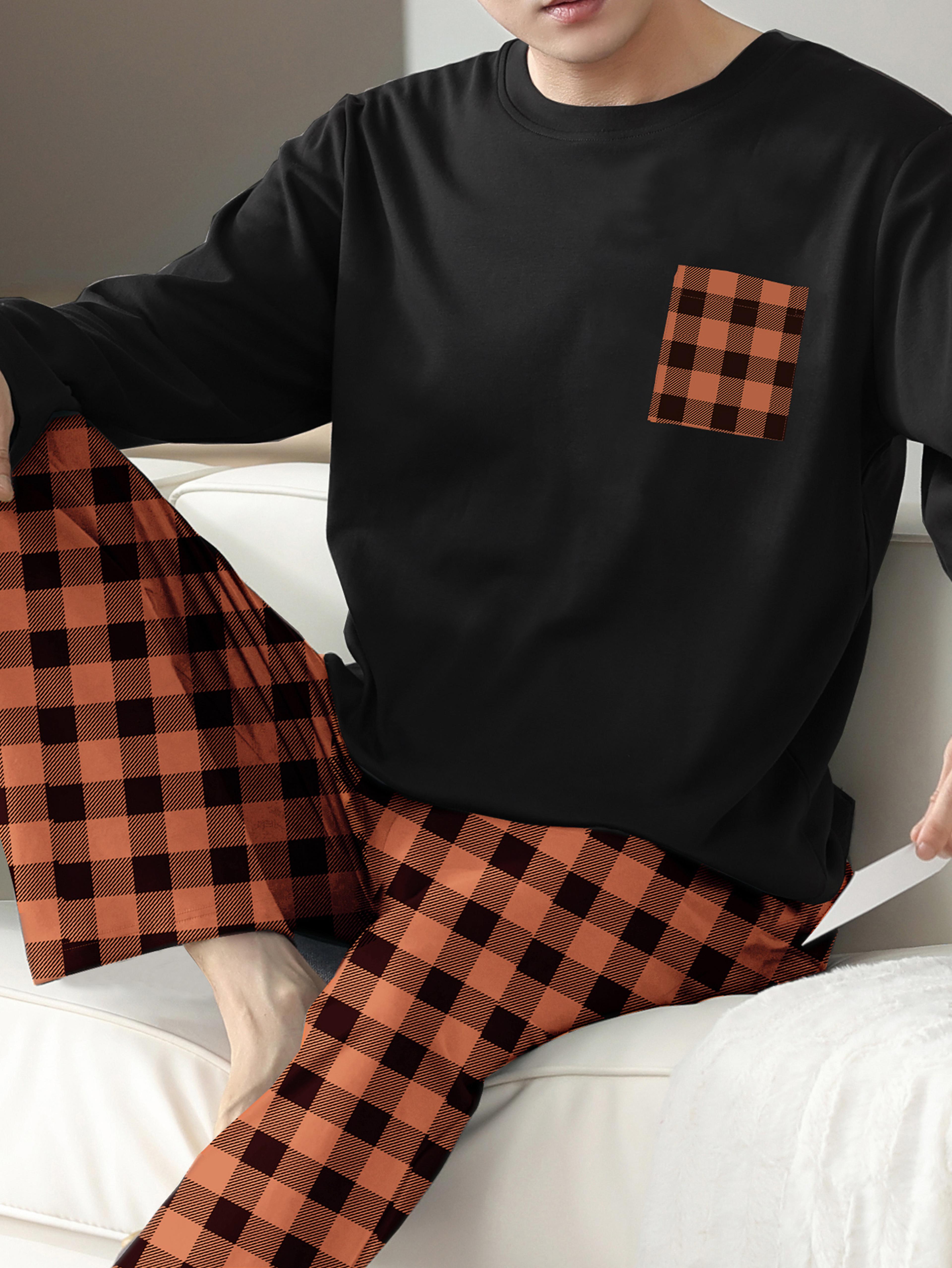Mens Pajamas Two Piece Set Autumn And Winter Long Sleeved Pants Checkered Sleepwear Soft And Comfor 5