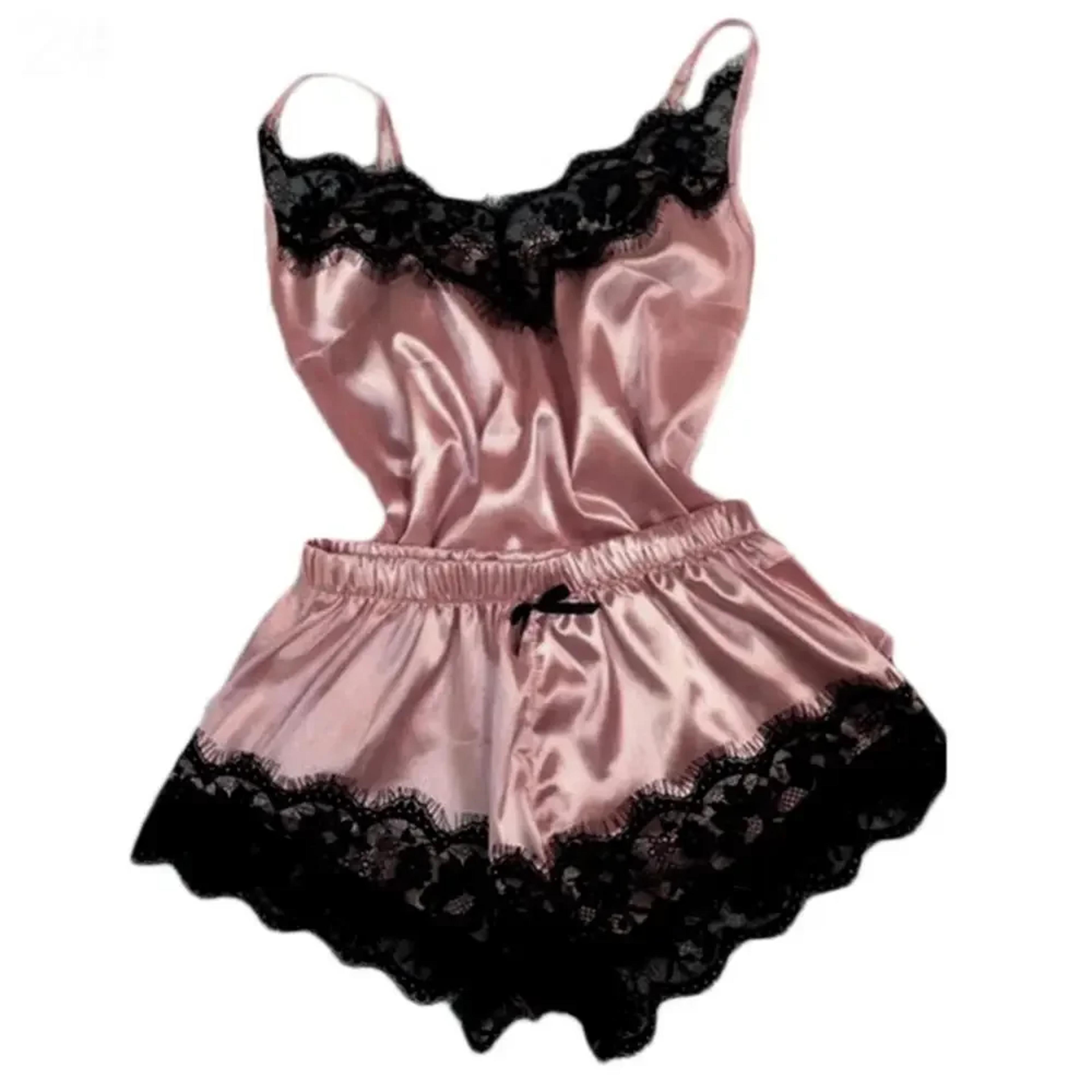 Sexy Lace Satin Pajama Set For Women VNeck Stretch Sleepwear Strap Vest Top Shorts Nightwear Linger 2