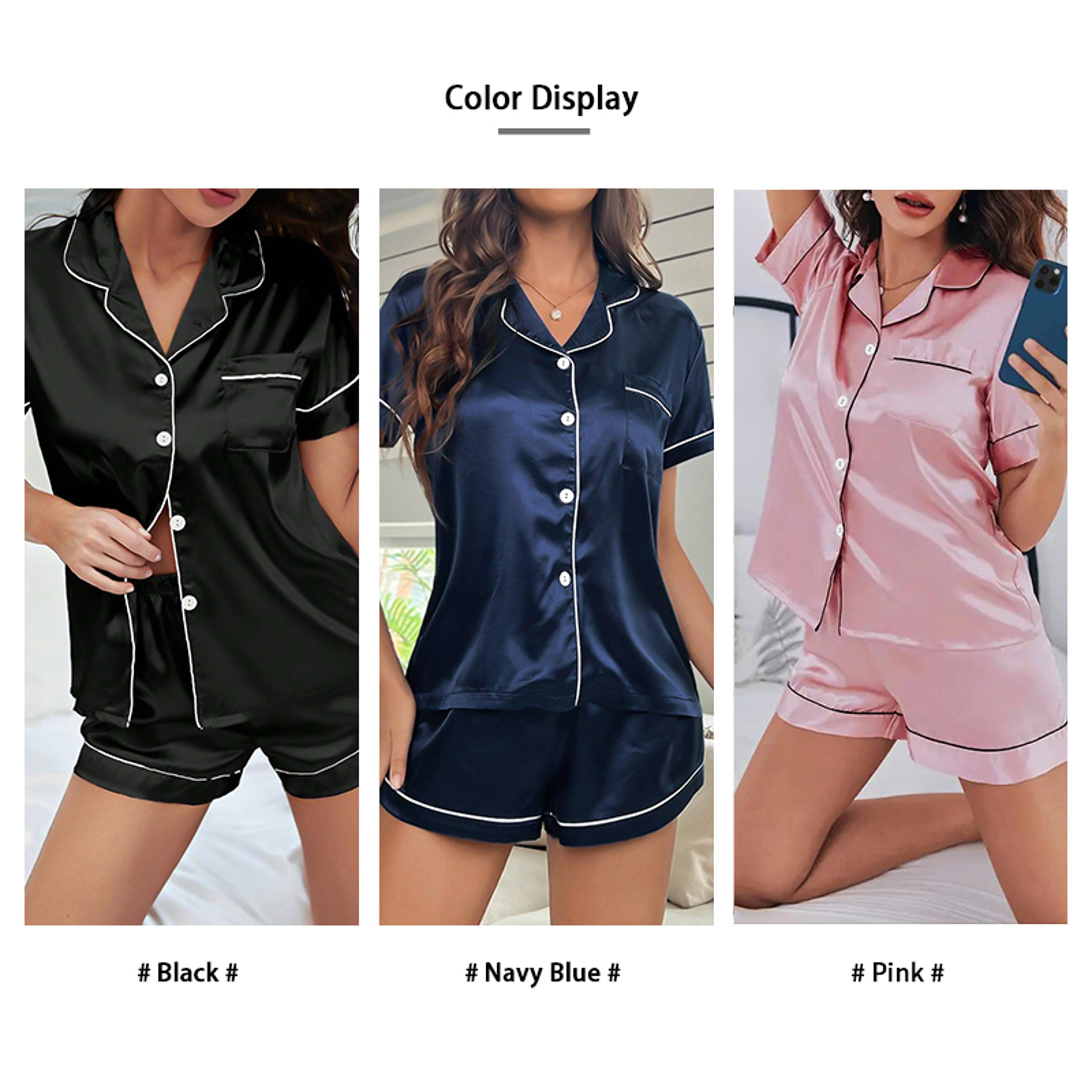 Women Summer Silk Satin Pajamas Set Button Down Top  Shorts Loungewear Nightwear With Notched Colla 2
